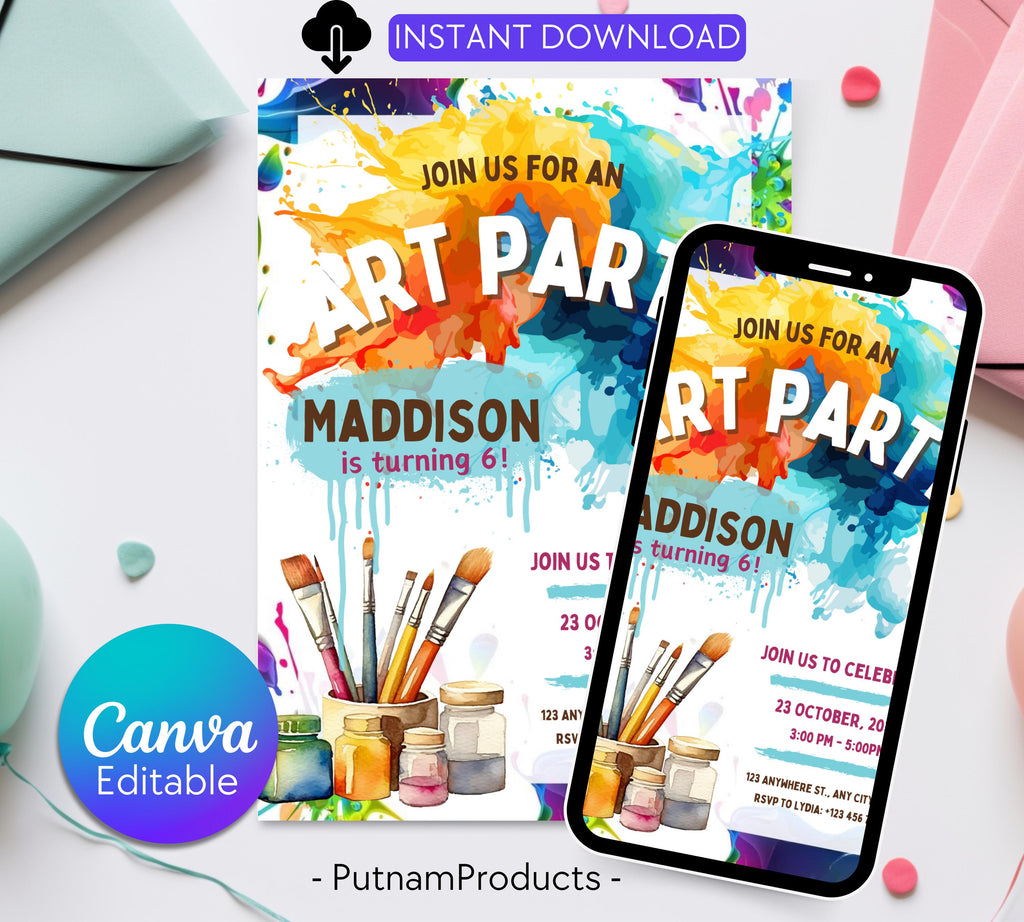 Art Painting Birthday Party Invitation, Art Party Invitation, Art Kids Birthday Party Invitation, Art Themed Invitation, Instant Download