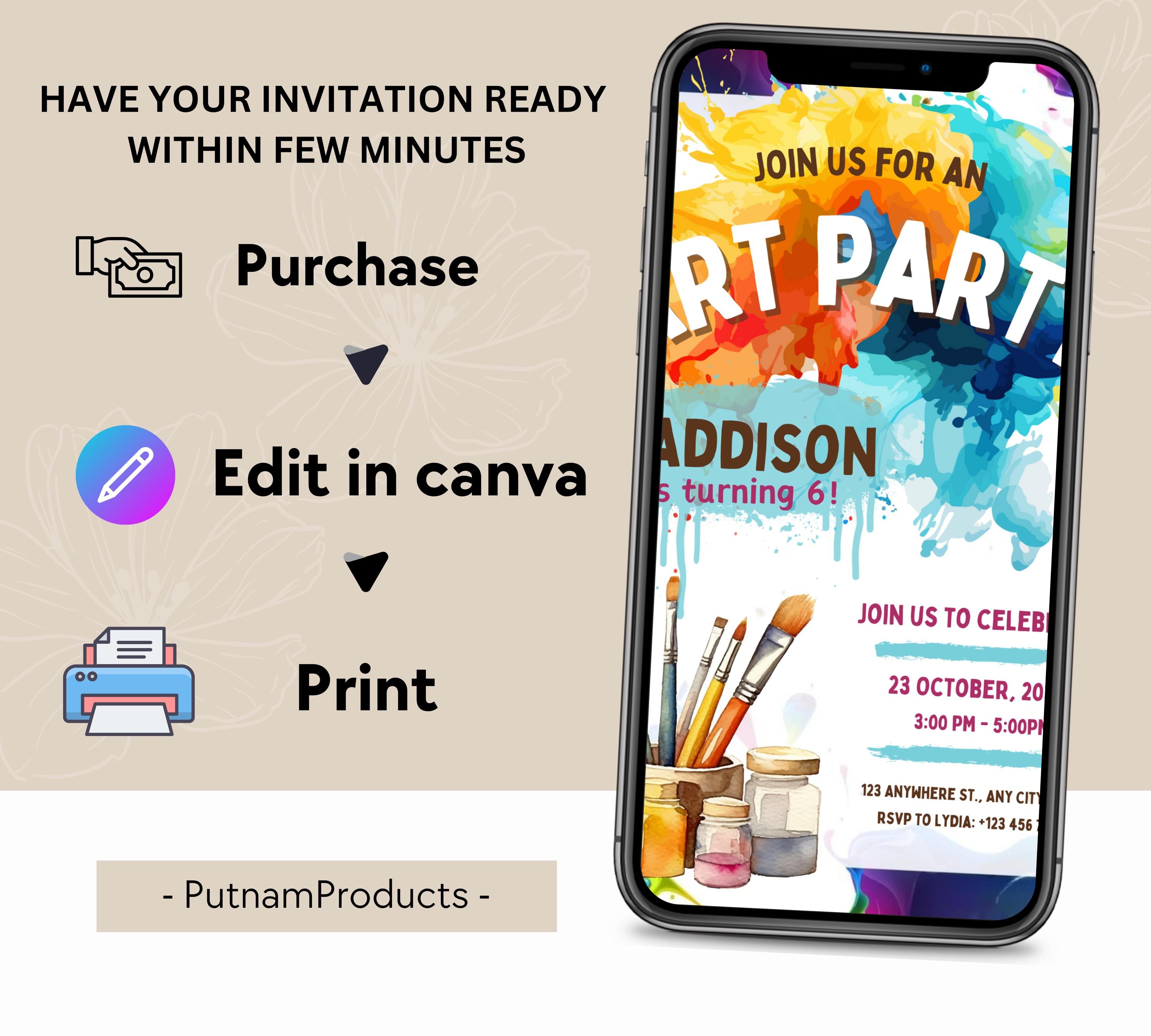 Art Painting Birthday Party Invitation, Art Party Invitation, Art Kids Birthday Party Invitation, Art Themed Invitation, Instant Download