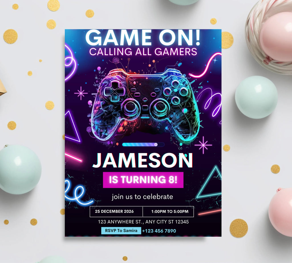 Editable Video Game Birthday Invitation, Video Game Kids Invitation, Neon Level Up Gaming Birthday Party Invites, Instant Download