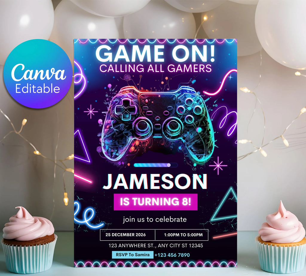 Editable Video Game Birthday Invitation, Video Game Kids Invitation, Neon Level Up Gaming Birthday Party Invites, Instant Download
