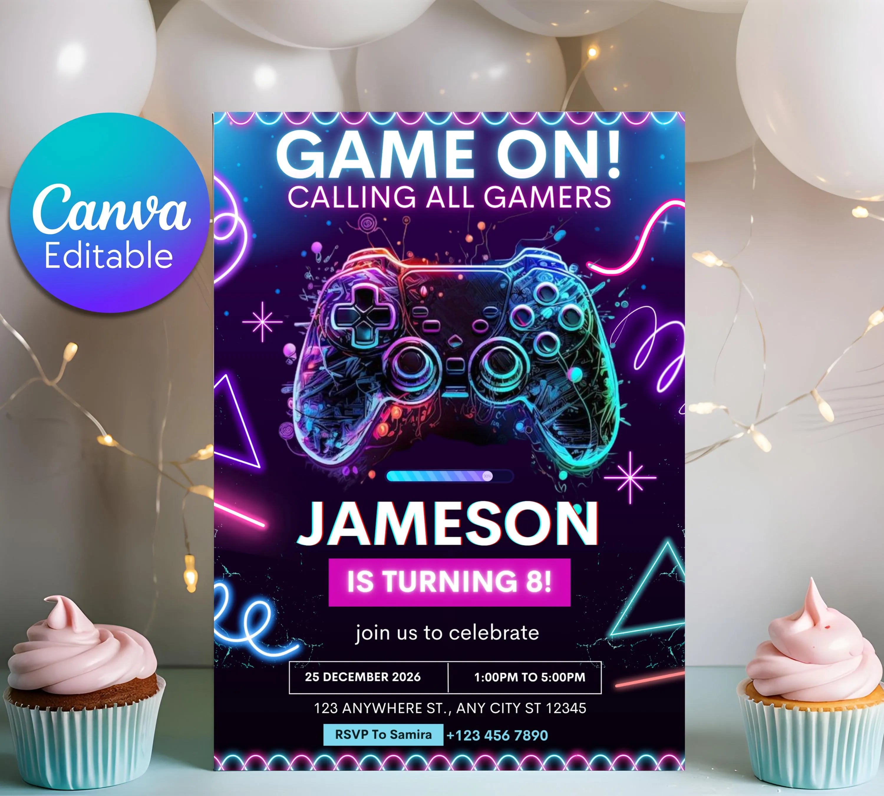 Editable Video Game Birthday Invitation, Video Game Kids Invitation, Neon Level Up Gaming Birthday Party Invites, Instant Download