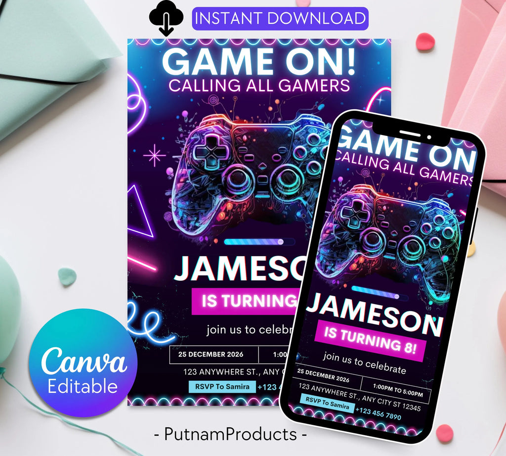 Editable Video Game Birthday Invitation, Video Game Kids Invitation, Neon Level Up Gaming Birthday Party Invites, Instant Download