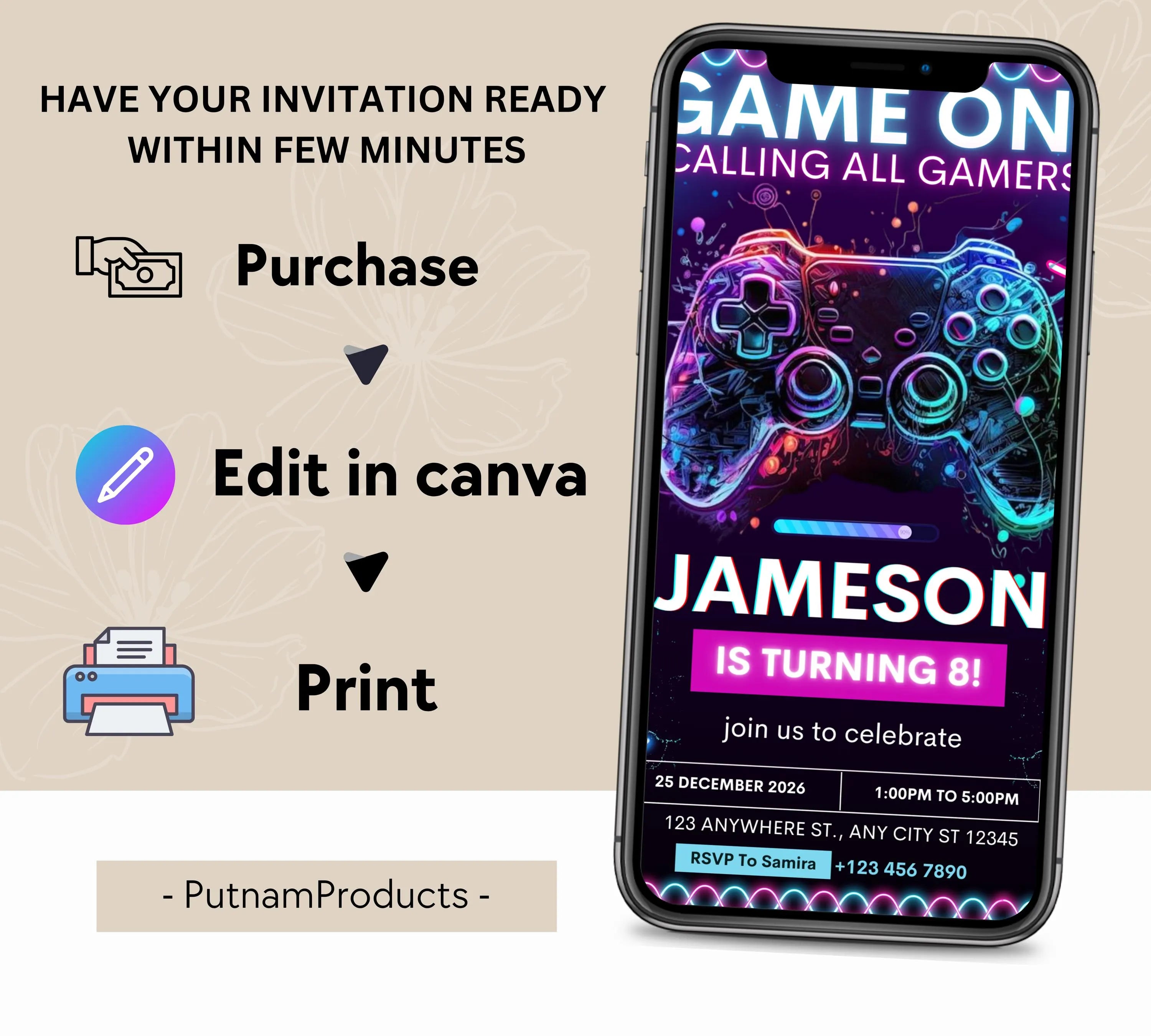 Editable Video Game Birthday Invitation, Video Game Kids Invitation, Neon Level Up Gaming Birthday Party Invites, Instant Download