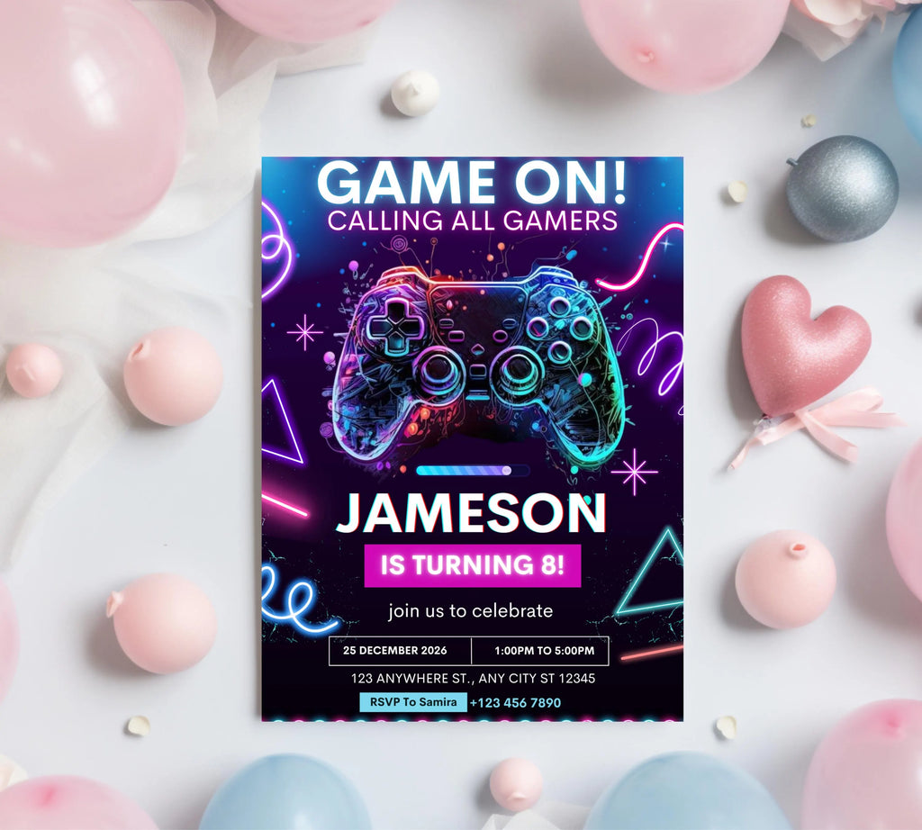 Editable Video Game Birthday Invitation, Video Game Kids Invitation, Neon Level Up Gaming Birthday Party Invites, Instant Download