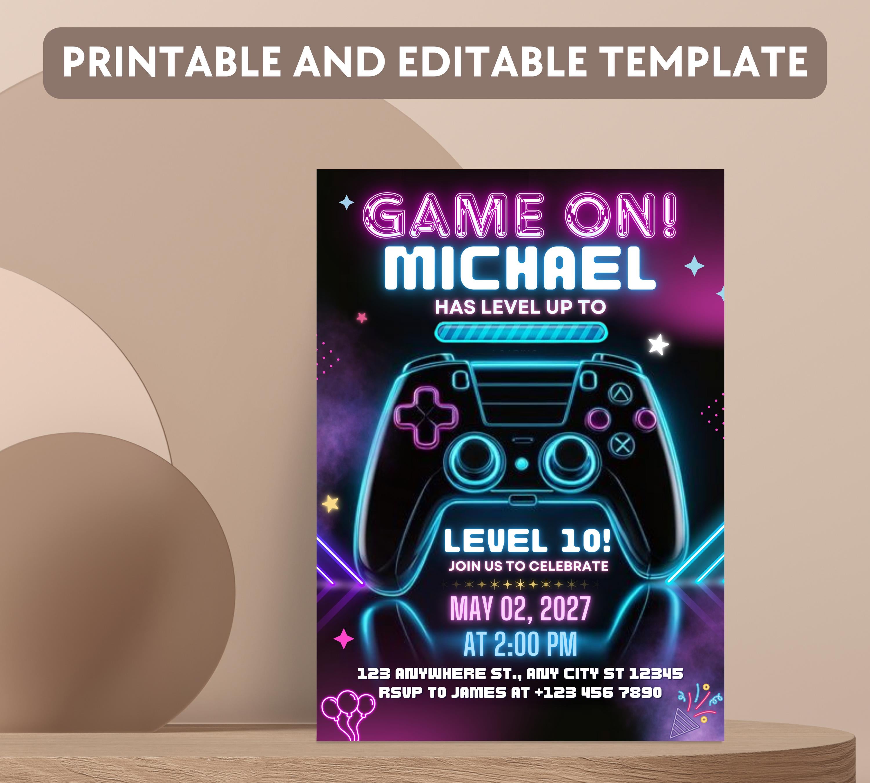 Video Game Birthday Invitation, Gamer Kids Party Invitation, Neon Game Level Up Birthday Party, Glow Game Party Invite, Neon Glow Invitation