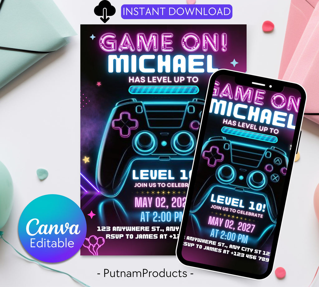 Video Game Birthday Invitation, Gamer Kids Party Invitation, Neon Game Level Up Birthday Party, Glow Game Party Invite, Neon Glow Invitation