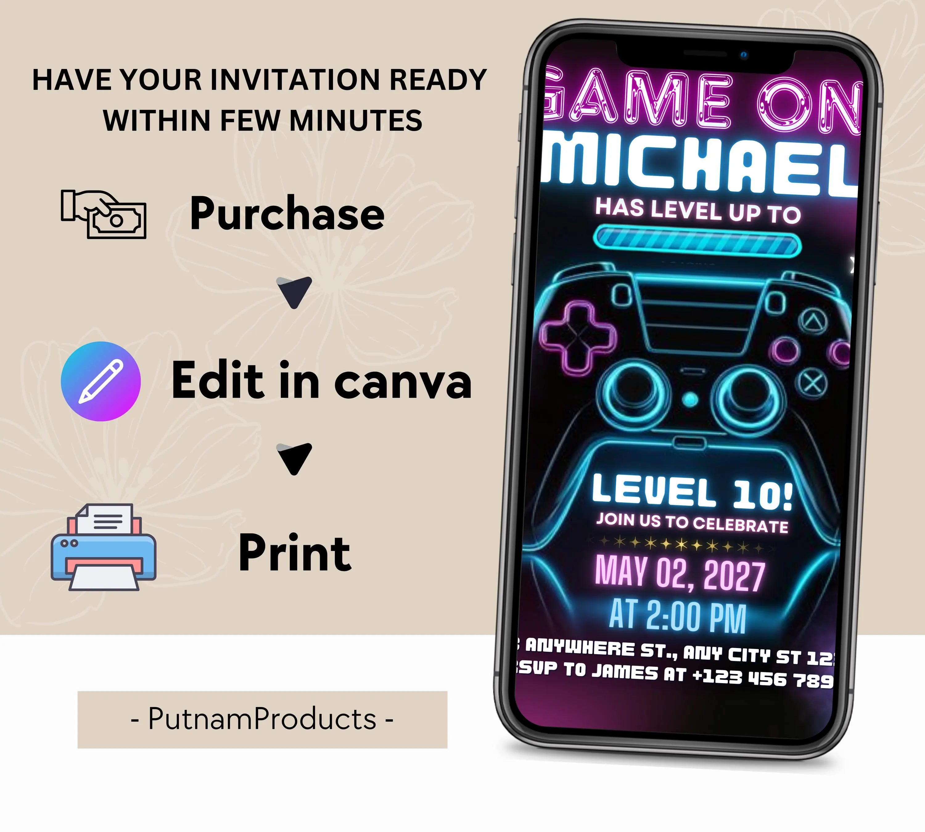 Video Game Birthday Invitation, Gamer Kids Party Invitation, Neon Game Level Up Birthday Party, Glow Game Party Invite, Neon Glow Invitation