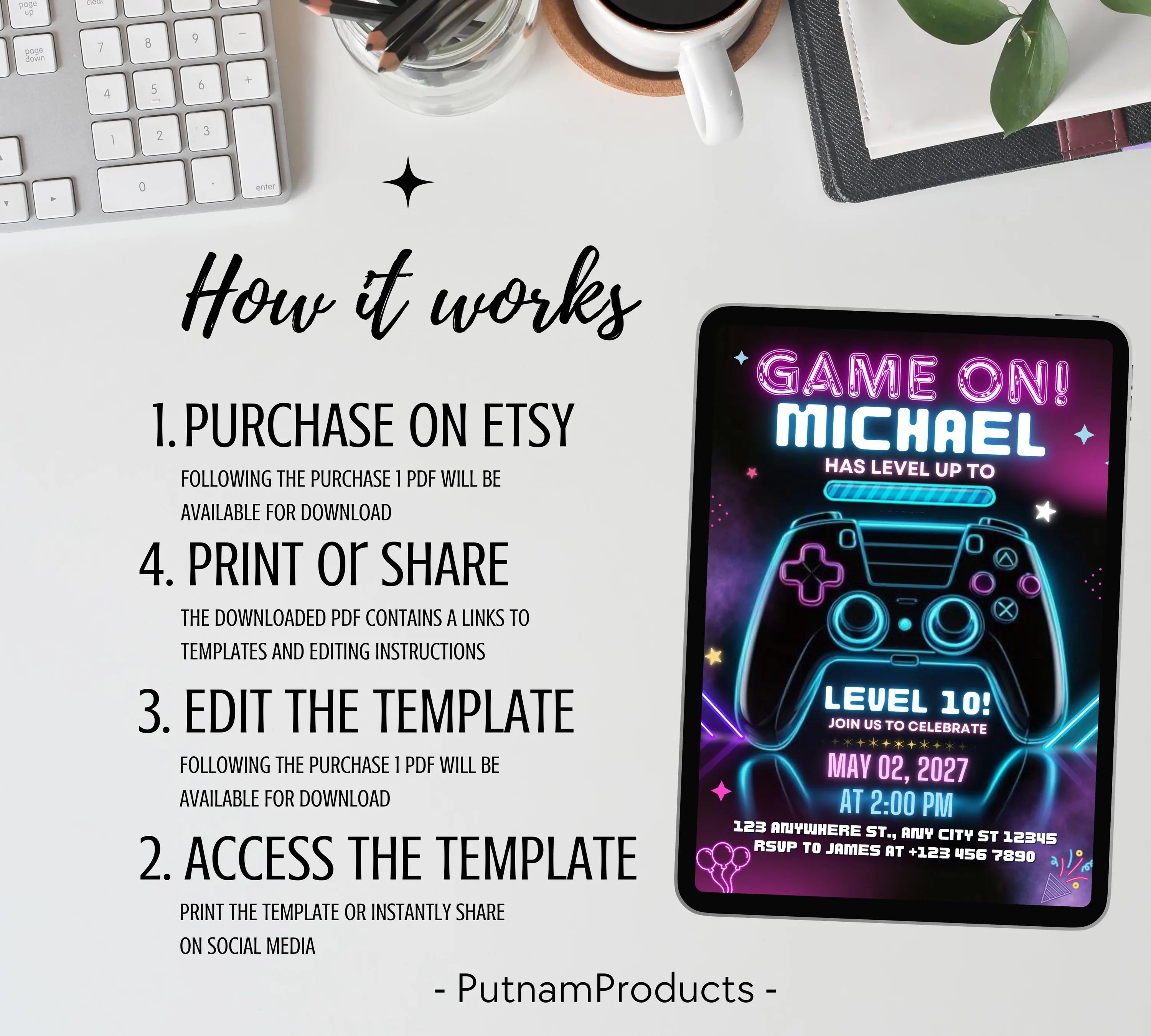 Video Game Birthday Invitation, Gamer Kids Party Invitation, Neon Game Level Up Birthday Party, Glow Game Party Invite, Neon Glow Invitation