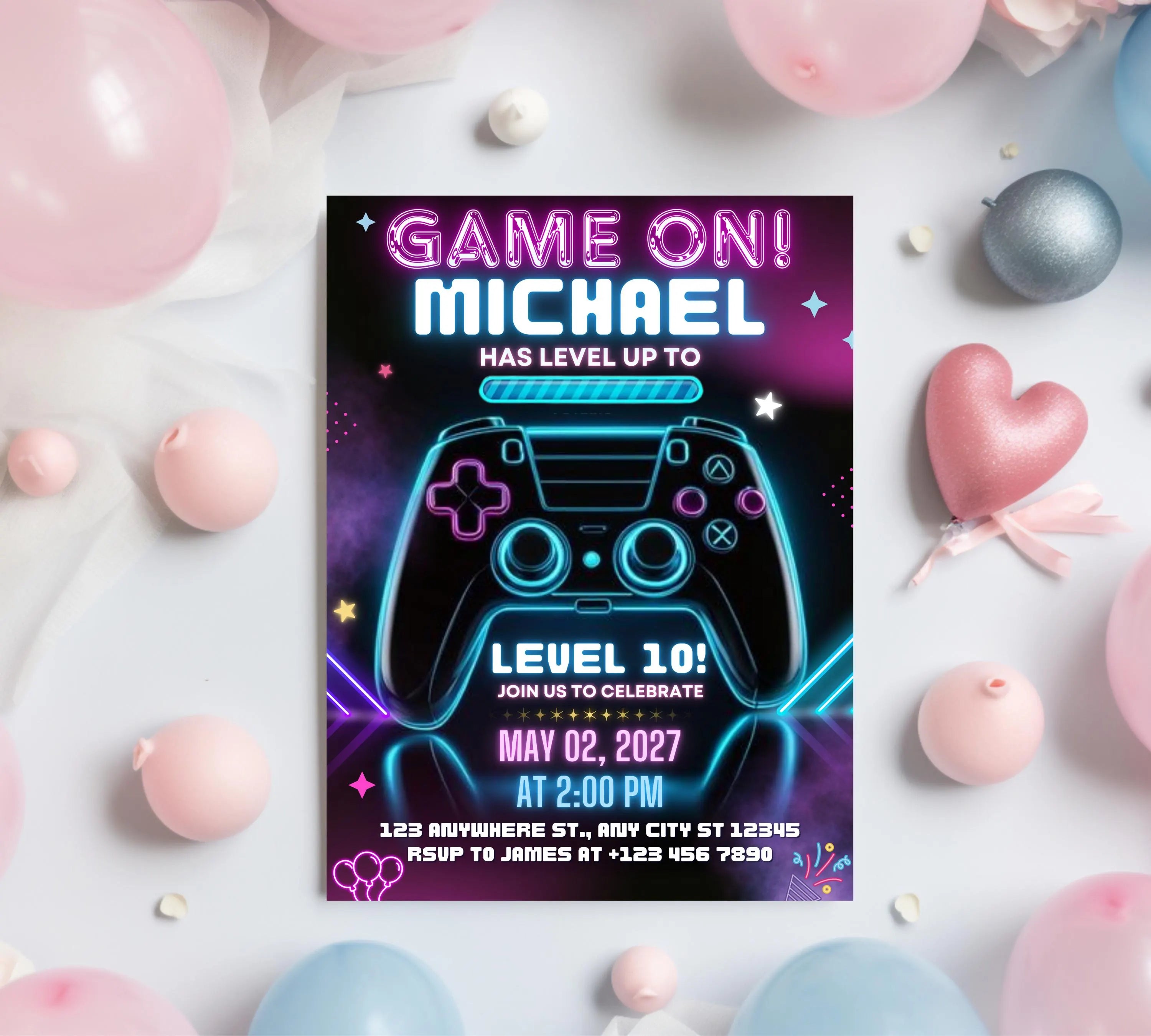Video Game Birthday Invitation, Gamer Kids Party Invitation, Neon Game Level Up Birthday Party, Glow Game Party Invite, Neon Glow Invitation