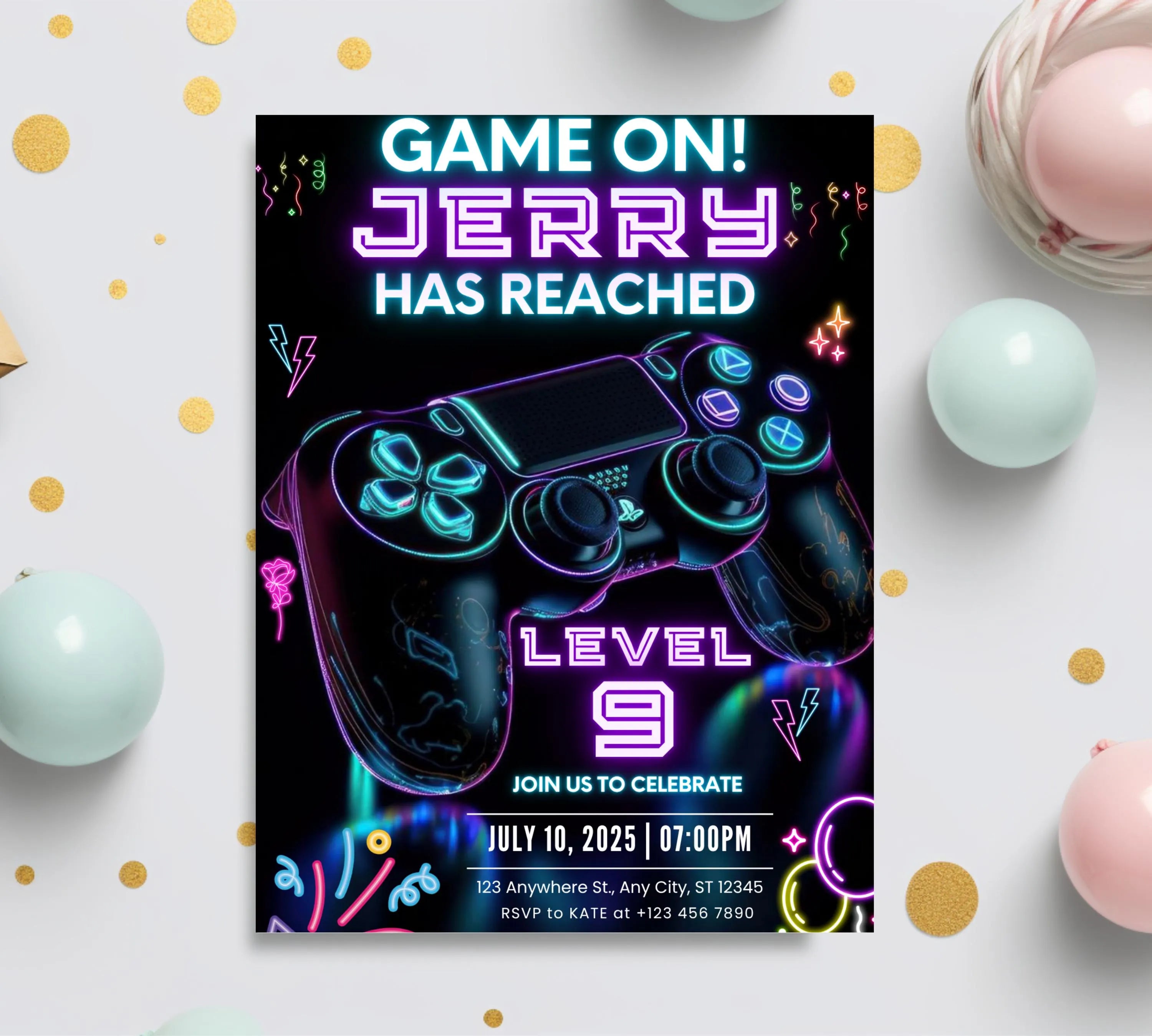Neone Video Game Birthday Invitation, Video Game Invitation, Video Game Invite, Arcade Game, Boys Gamer Party, Game Party, Editable Canva