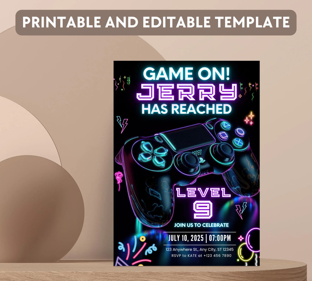Neone Video Game Birthday Invitation, Video Game Invitation, Video Game Invite, Arcade Game, Boys Gamer Party, Game Party, Editable Canva