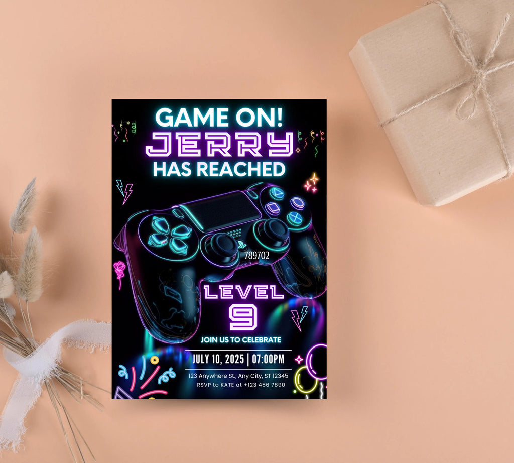 Neone Video Game Birthday Invitation, Video Game Invitation, Video Game Invite, Arcade Game, Boys Gamer Party, Game Party, Editable Canva