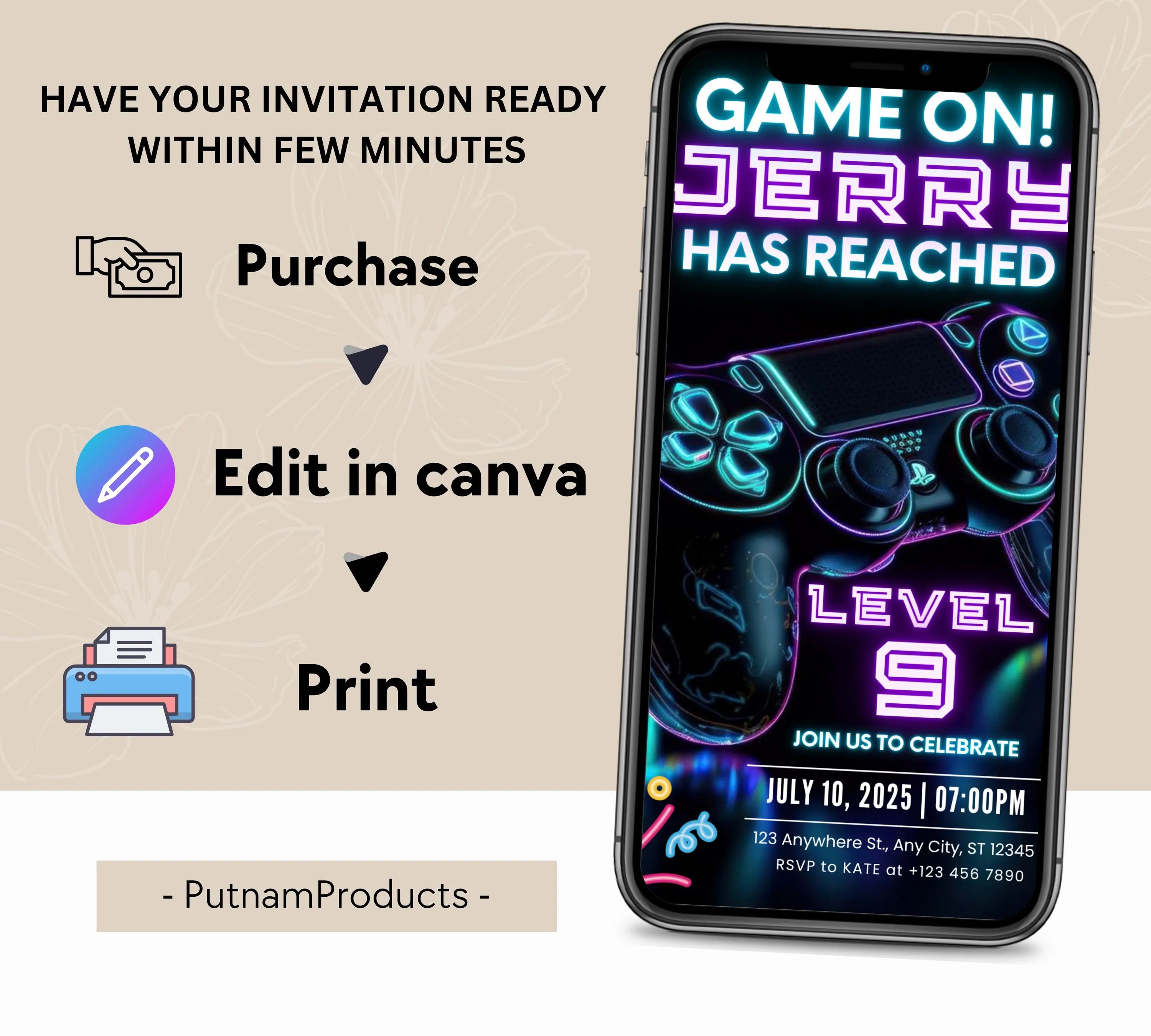 Neone Video Game Birthday Invitation, Video Game Invitation, Video Game Invite, Arcade Game, Boys Gamer Party, Game Party, Editable Canva