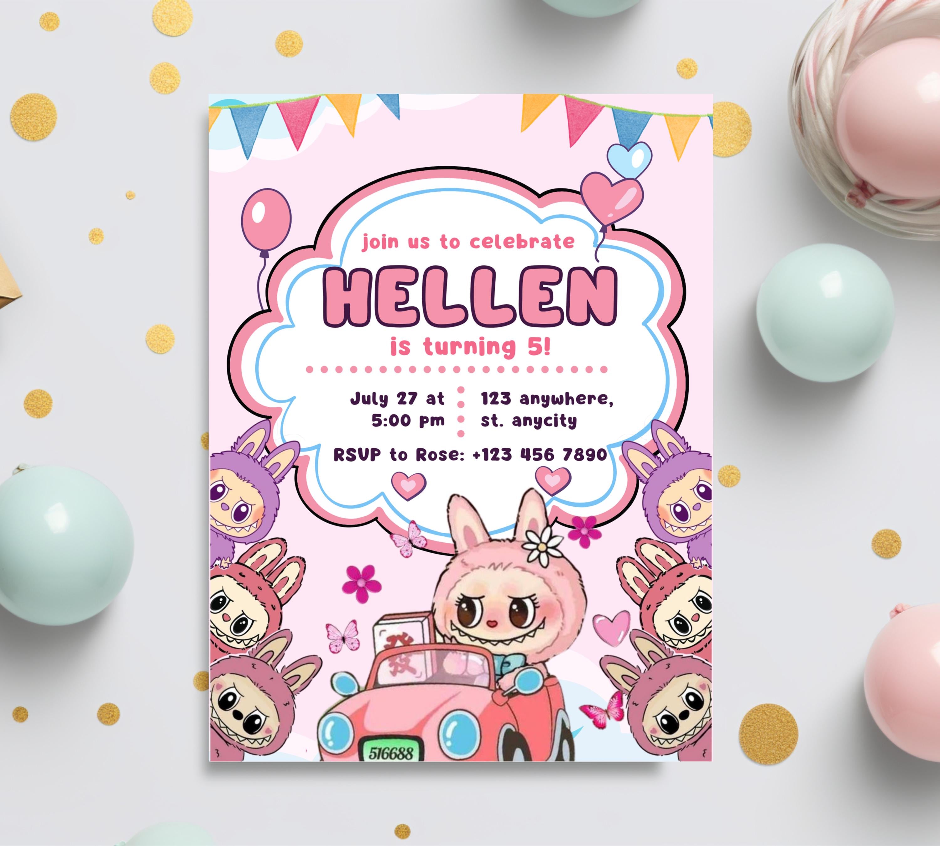 Editable Labubu Birthday Invitation, Labubu Kids Birthday invitation, Kids Bday Digital Invite, Editable Invitation, Kids Birthday Invite