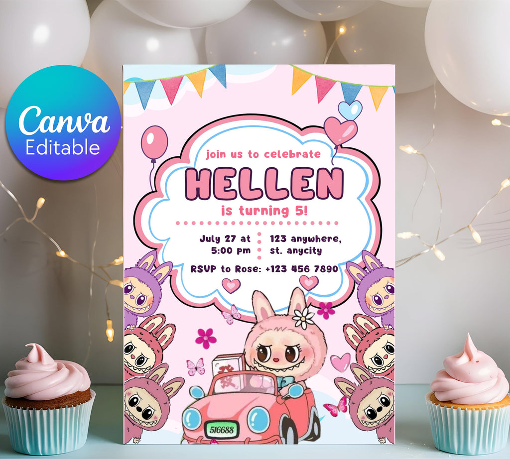 Editable Labubu Birthday Invitation, Labubu Kids Birthday invitation, Kids Bday Digital Invite, Editable Invitation, Kids Birthday Invite
