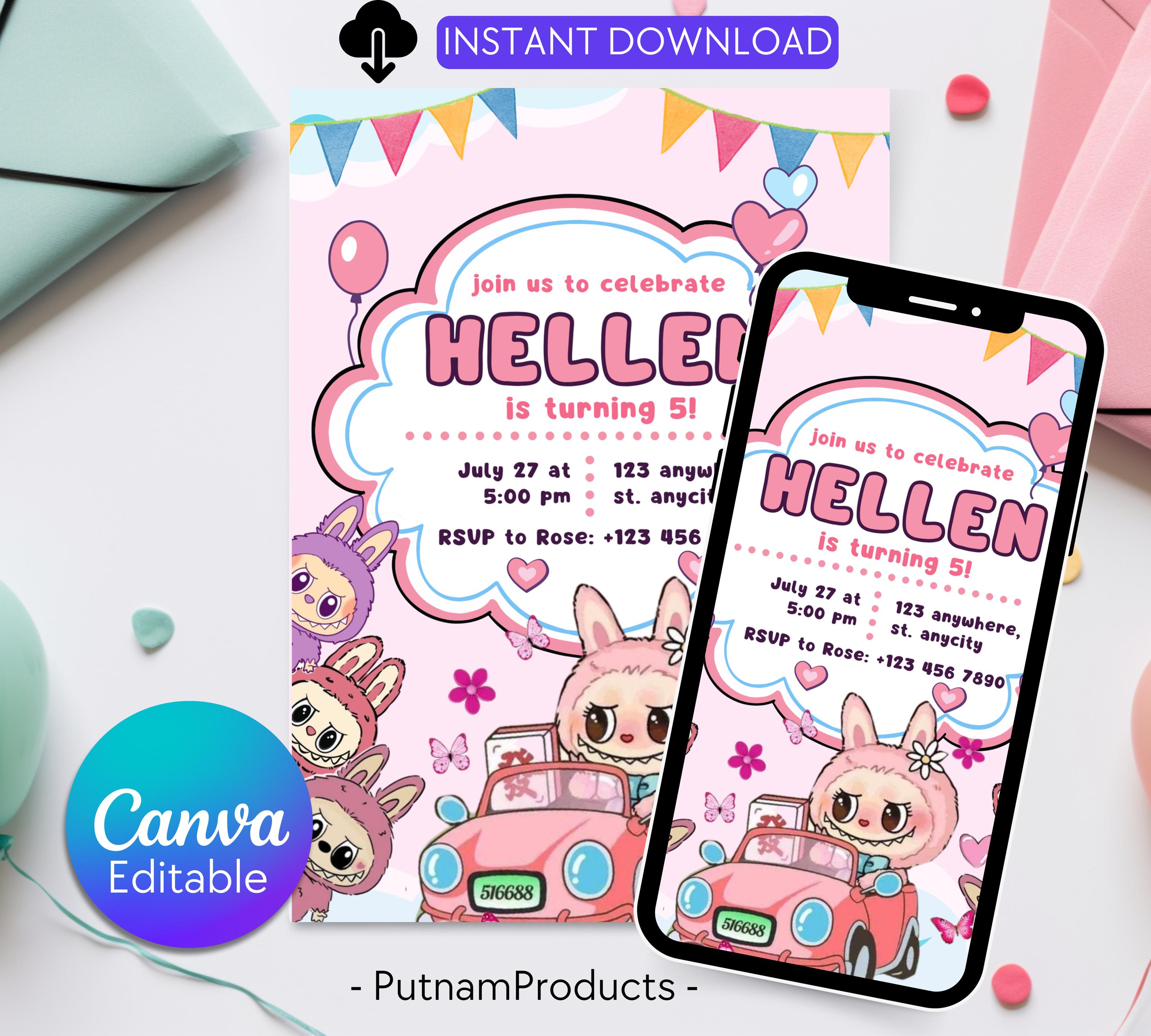 Editable Labubu Birthday Invitation, Labubu Kids Birthday invitation, Kids Bday Digital Invite, Editable Invitation, Kids Birthday Invite