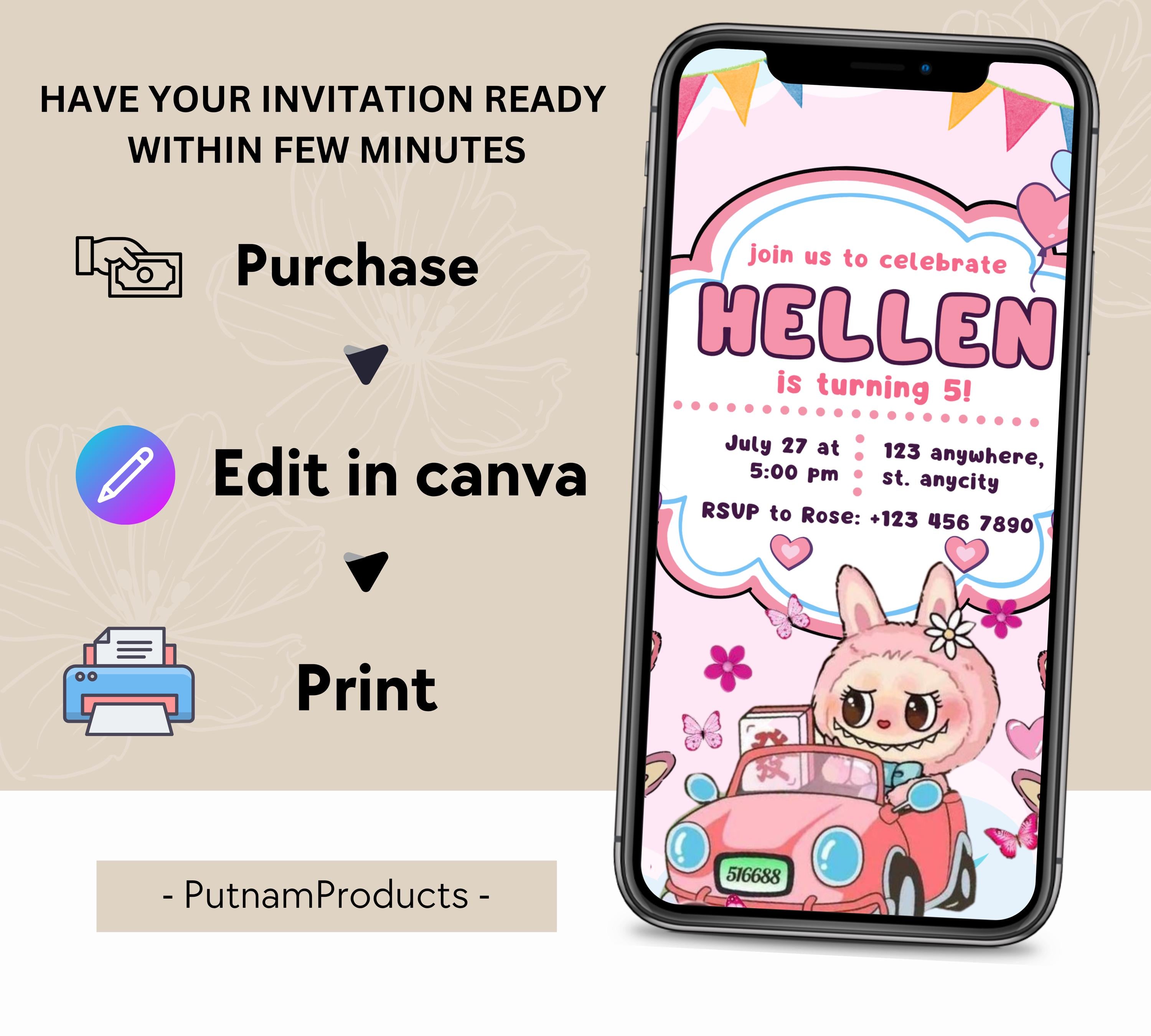 Editable Labubu Birthday Invitation, Labubu Kids Birthday invitation, Kids Bday Digital Invite, Editable Invitation, Kids Birthday Invite
