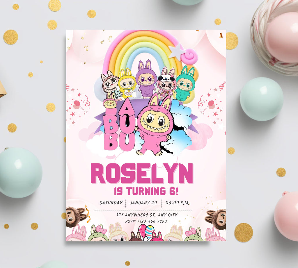 Pink Labubu Birthday Invitation, Labubu Kids Birthday invitation, Kids Bday Digital Invite, Editable Invitation, Kids Birthday Invite