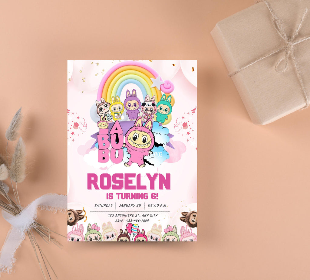 Pink Labubu Birthday Invitation, Labubu Kids Birthday invitation, Kids Bday Digital Invite, Editable Invitation, Kids Birthday Invite