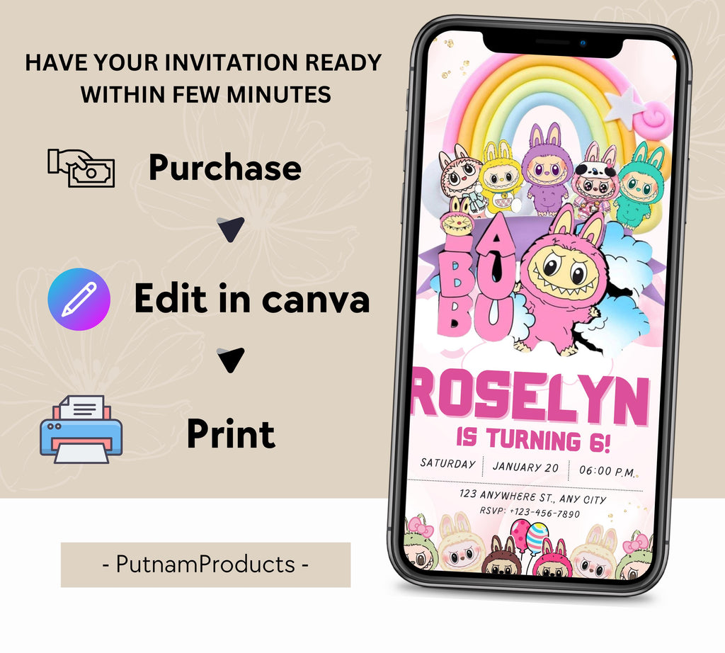Pink Labubu Birthday Invitation, Labubu Kids Birthday invitation, Kids Bday Digital Invite, Editable Invitation, Kids Birthday Invite