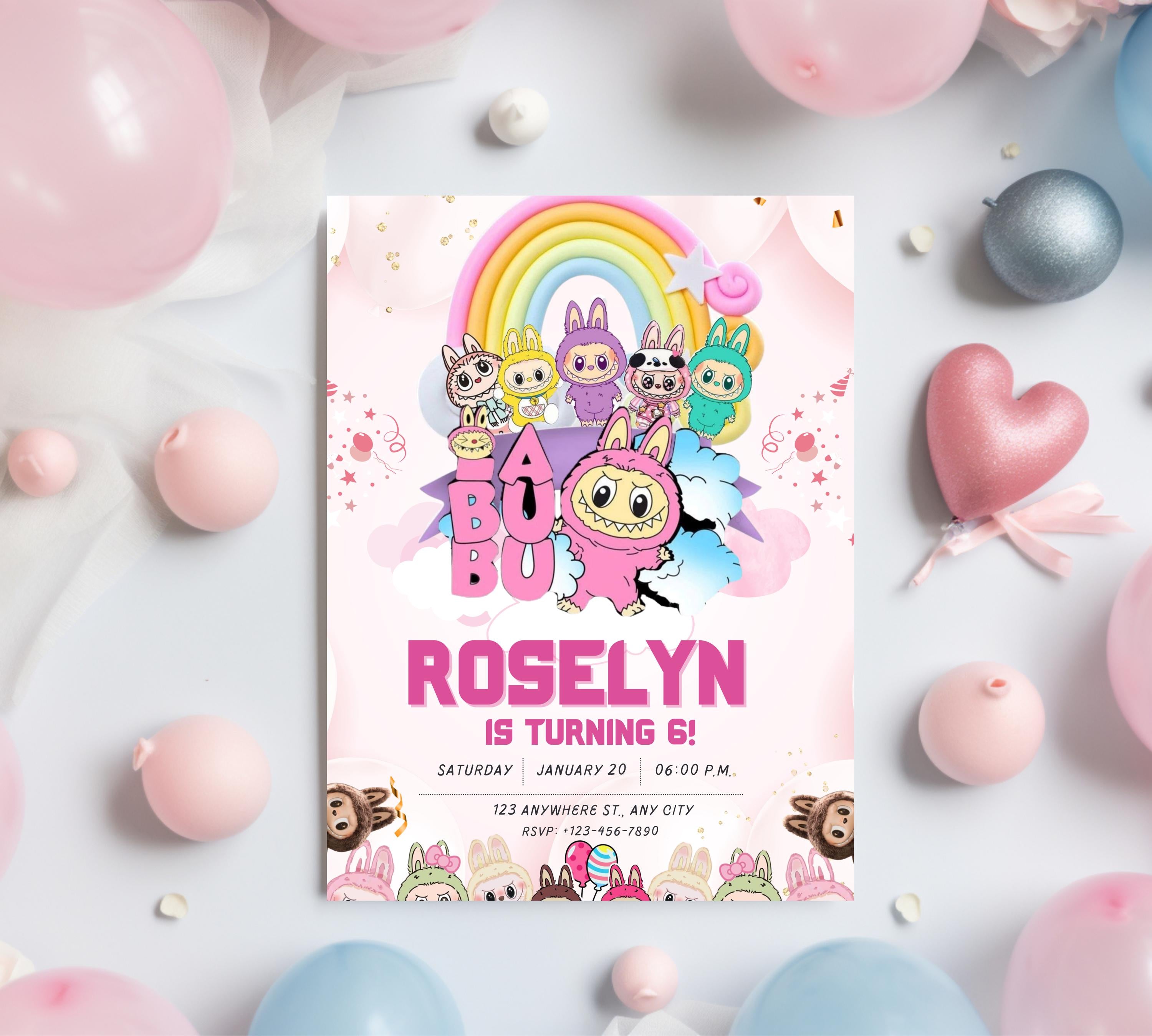 Pink Labubu Birthday Invitation, Labubu Kids Birthday invitation, Kids Bday Digital Invite, Editable Invitation, Kids Birthday Invite