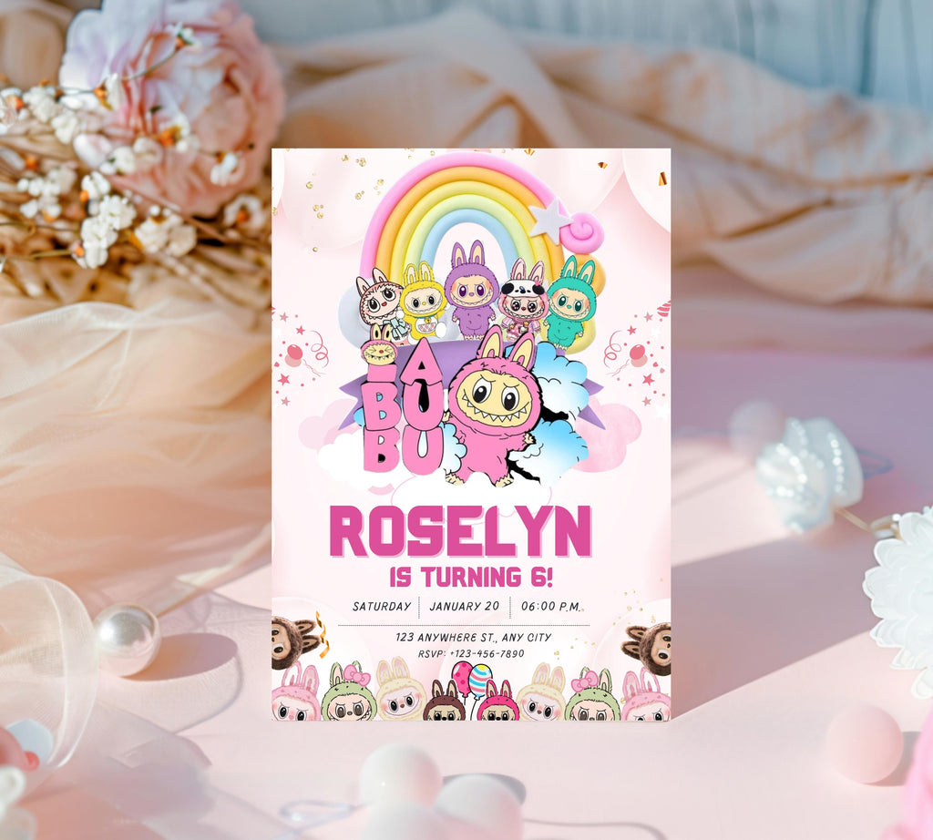 Pink Labubu Birthday Invitation, Labubu Kids Birthday invitation, Kids Bday Digital Invite, Editable Invitation, Kids Birthday Invite
