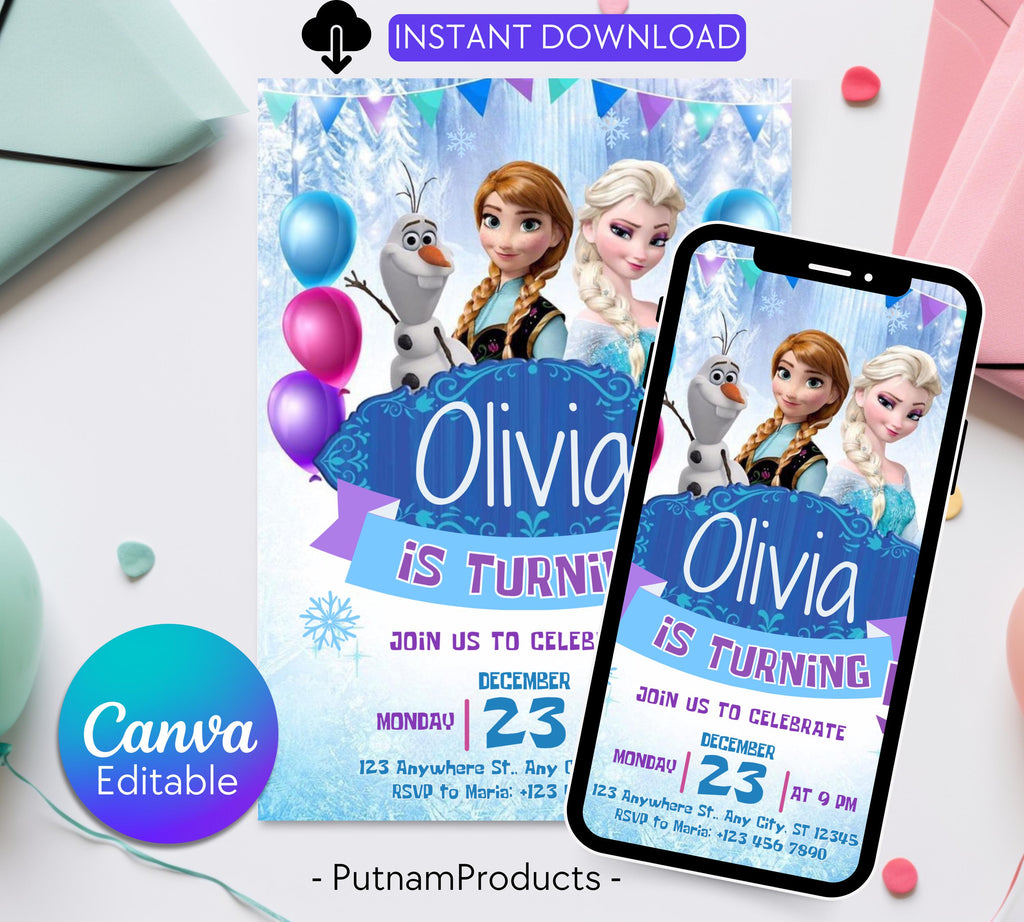 Editable Frozen Birthday Invitation, Frozen Party Elsa Invitation, Winter Snow Kids Birthday Invite, Kids Birthday Invite, Instant Download