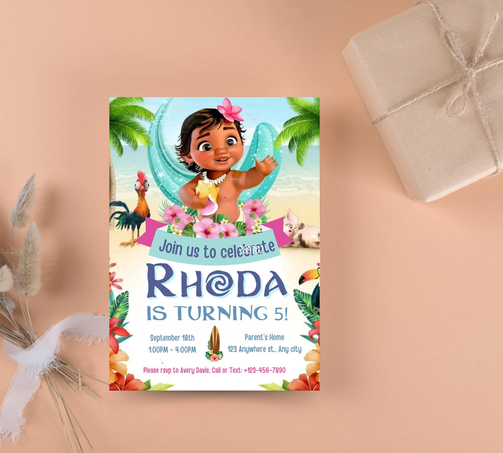 Baby Moana Birthday Invitation, Editable Digital Moana Birthday Invite, Kids Theme Party Invitation, Digital Baby Moana Invitation Template