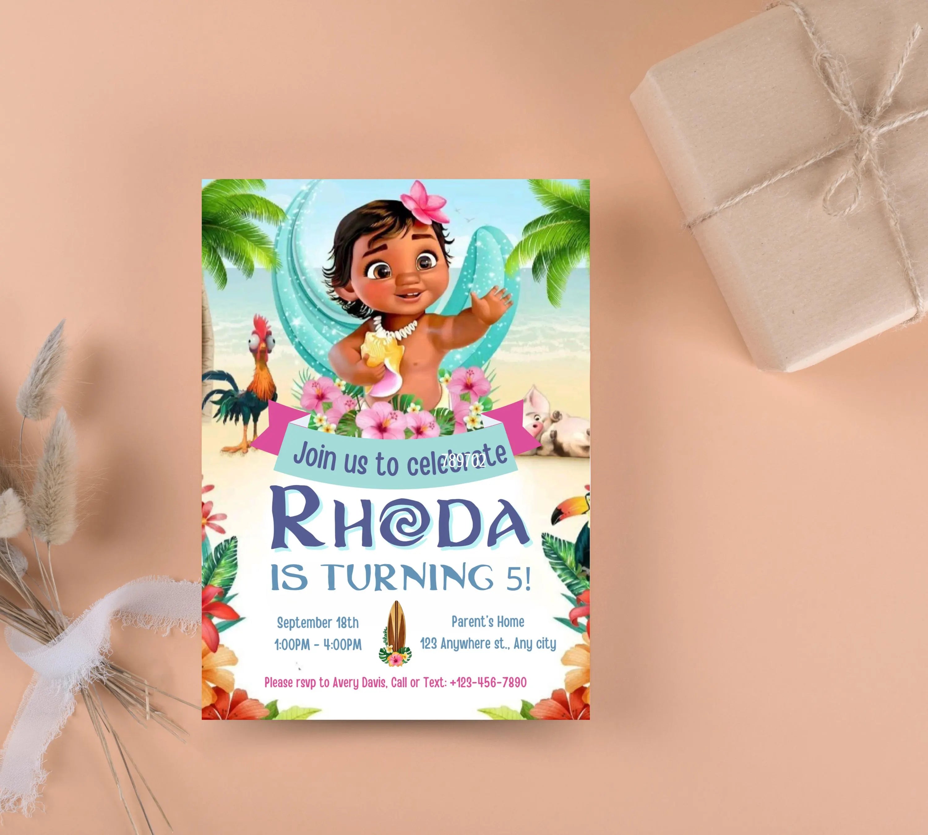 Baby Moana Birthday Invitation, Editable Digital Moana Birthday Invite, Kids Theme Party Invitation, Digital Baby Moana Invitation Template