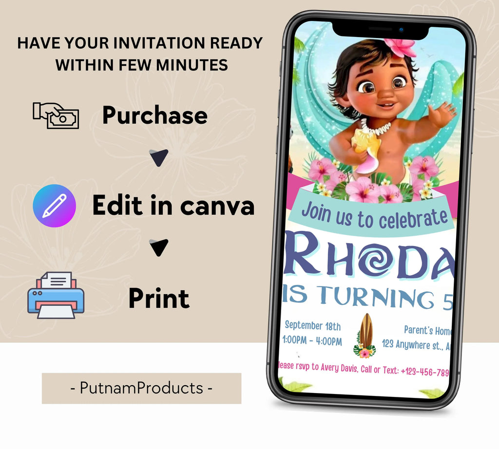 Baby Moana Birthday Invitation, Editable Digital Moana Birthday Invite, Kids Theme Party Invitation, Digital Baby Moana Invitation Template
