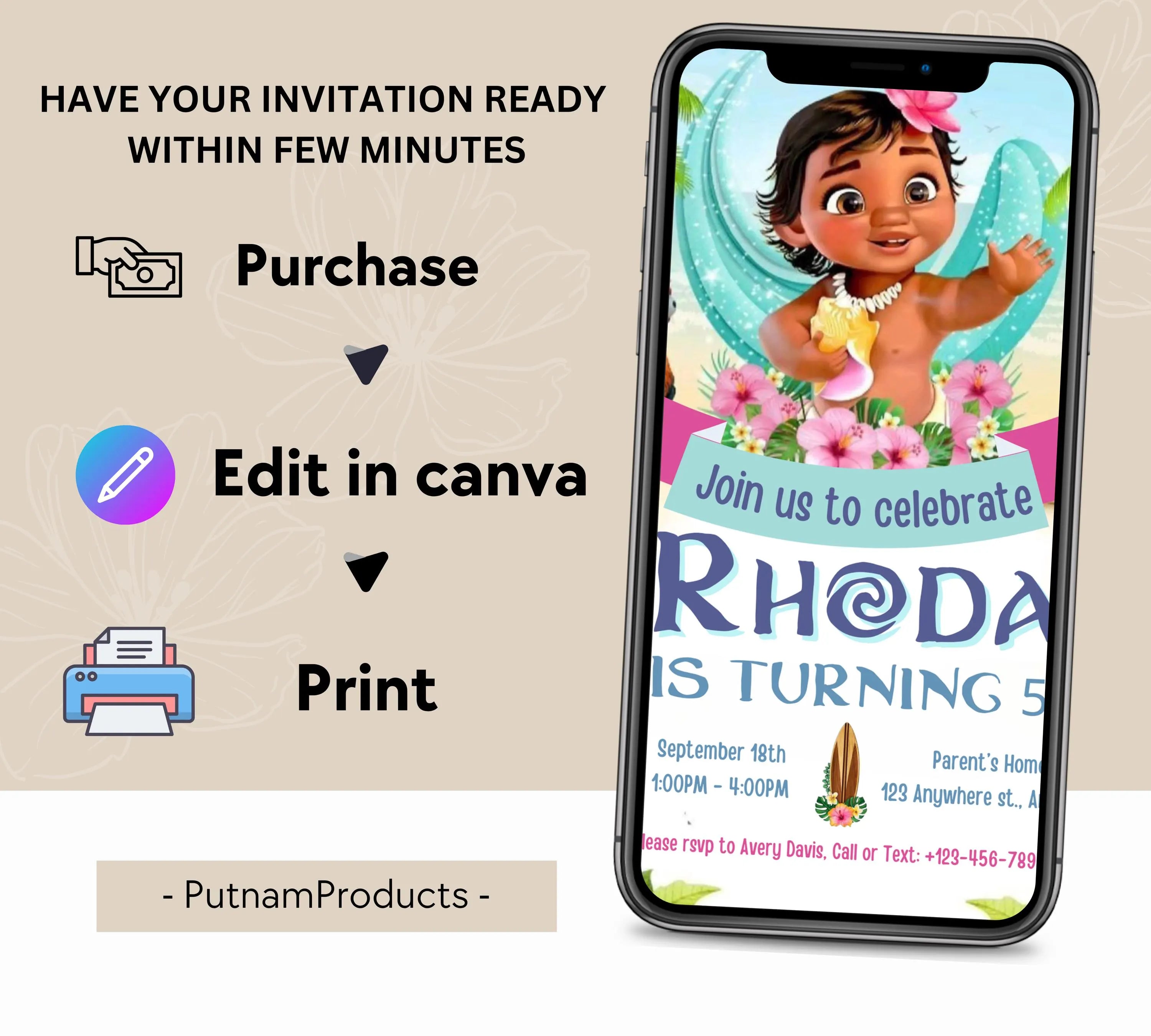 Baby Moana Birthday Invitation, Editable Digital Moana Birthday Invite, Kids Theme Party Invitation, Digital Baby Moana Invitation Template
