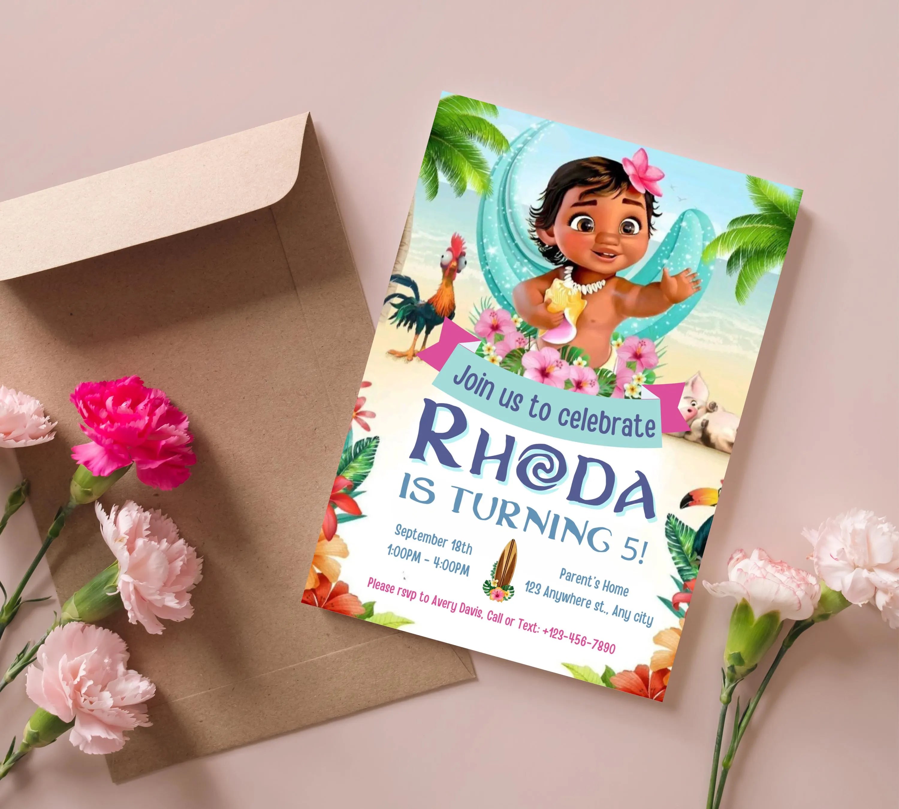 Baby Moana Birthday Invitation, Editable Digital Moana Birthday Invite, Kids Theme Party Invitation, Digital Baby Moana Invitation Template