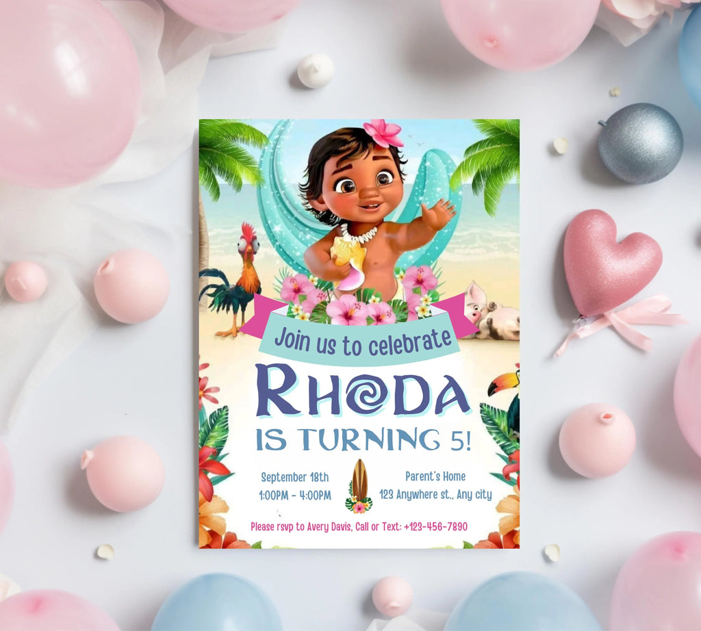 Baby Moana Birthday Invitation, Editable Digital Moana Birthday Invite, Kids Theme Party Invitation, Digital Baby Moana Invitation Template