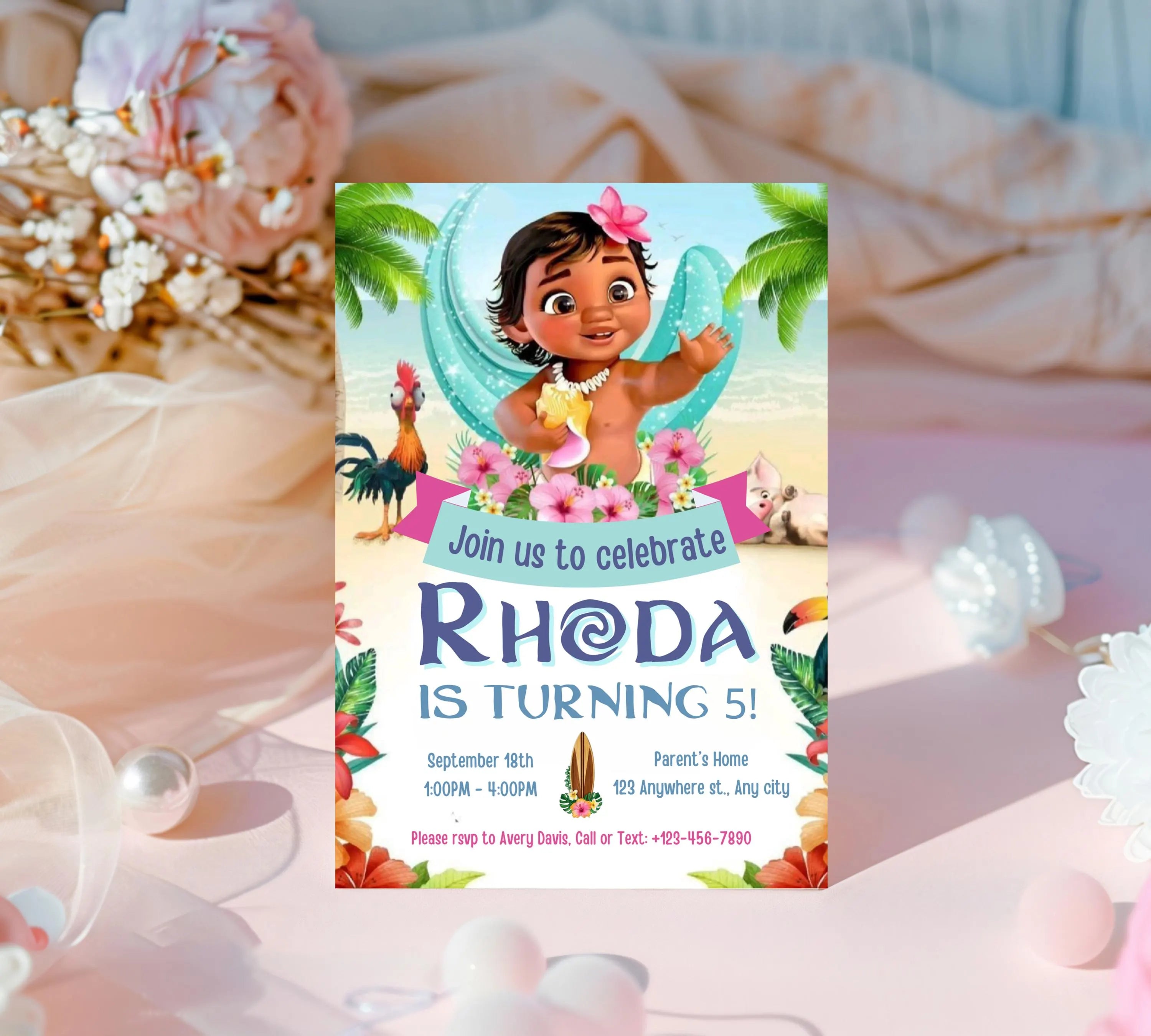 Baby Moana Birthday Invitation, Editable Digital Moana Birthday Invite, Kids Theme Party Invitation, Digital Baby Moana Invitation Template