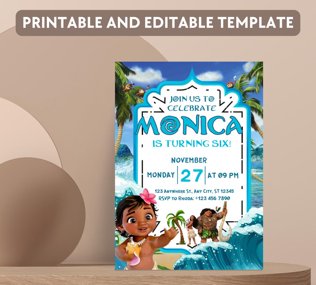 Editable Moana Birthday Invitation, Printable Digital Hawaiian Moana Birthday Invitation, Kids Theme Party Template Invite, Instant Download