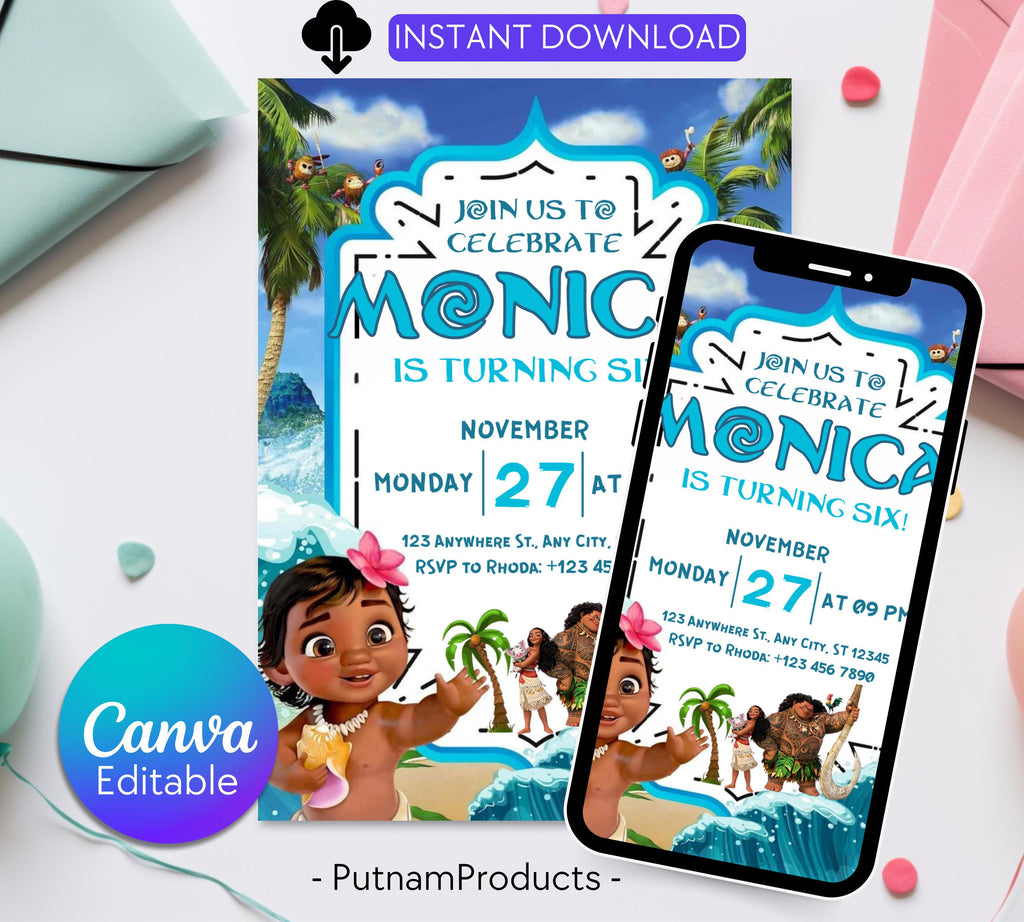 Editable Moana Birthday Invitation, Printable Digital Hawaiian Moana Birthday Invitation, Kids Theme Party Template Invite, Instant Download