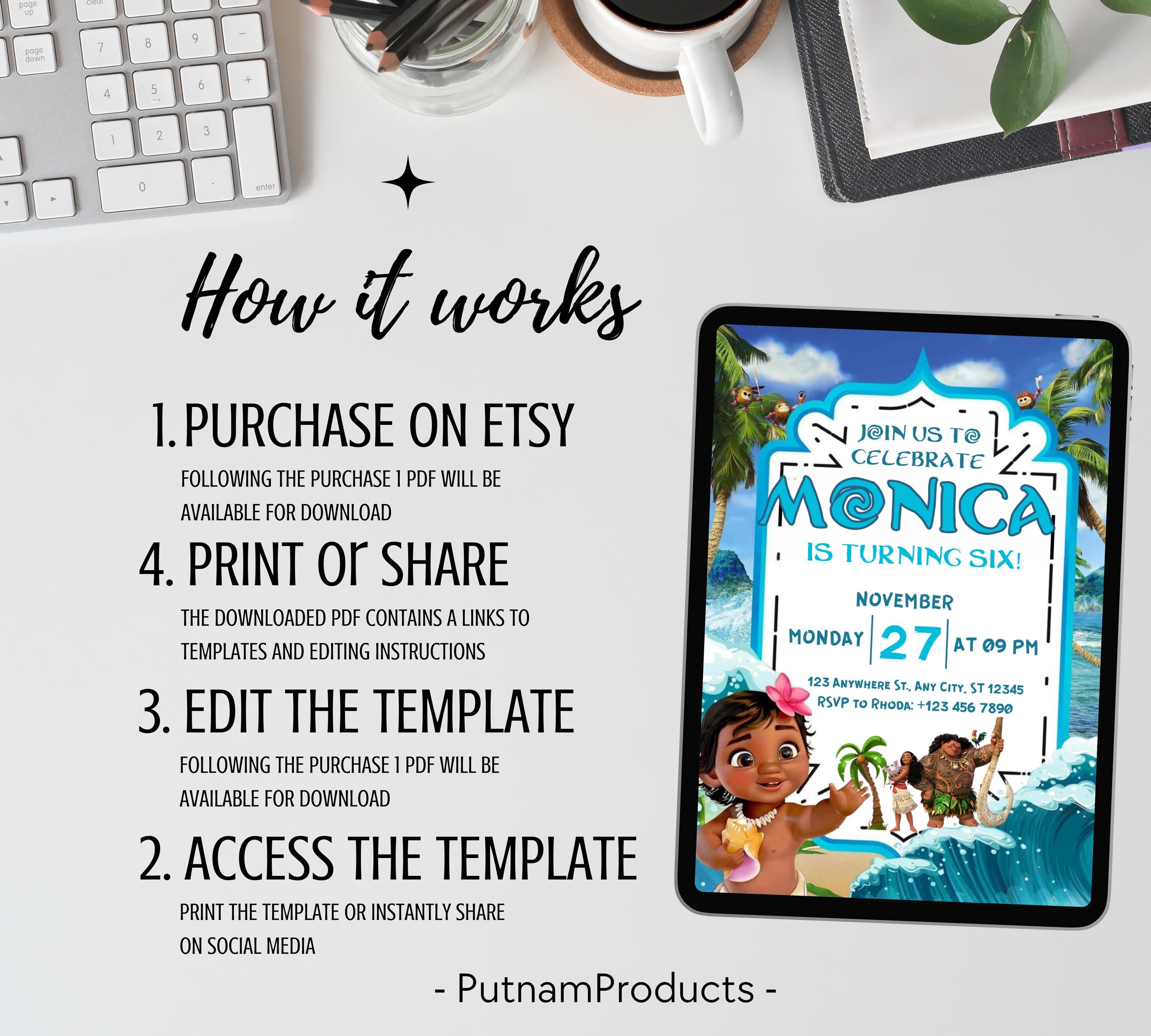 Editable Moana Birthday Invitation, Printable Digital Hawaiian Moana Birthday Invitation, Kids Theme Party Template Invite, Instant Download