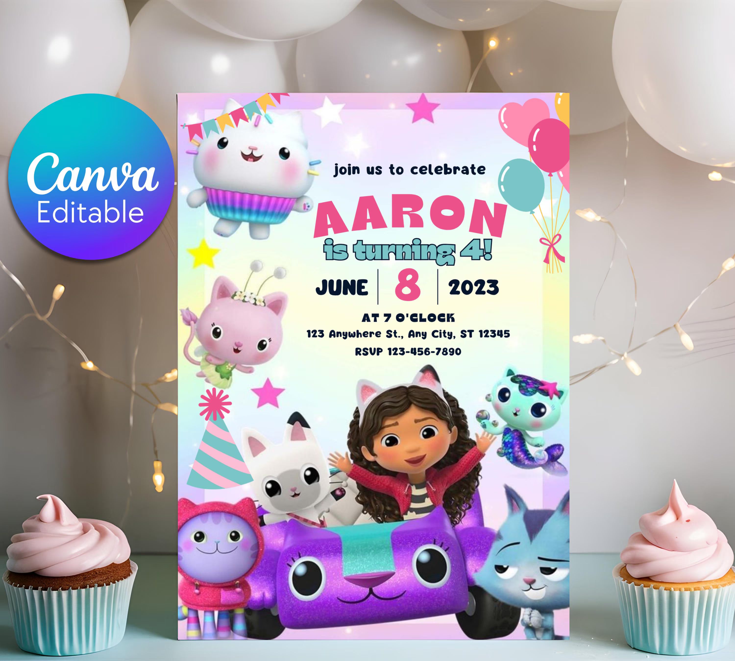 Editable Gabby Dollhouse Birthday Invitation, Gabbys Dollhouse Kids Party Invite, Digital Gabby Dollhouse Birthday Invite, Gabby Template