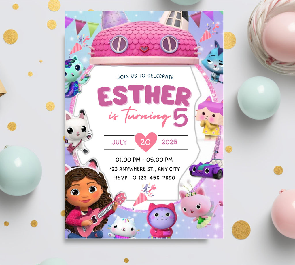 Editable Gabbys Dollhouse Birthday Invitation, Printable Kids Birthday Party Invitations, Digital Bday Party Invite, Gabby Invite Bday Card