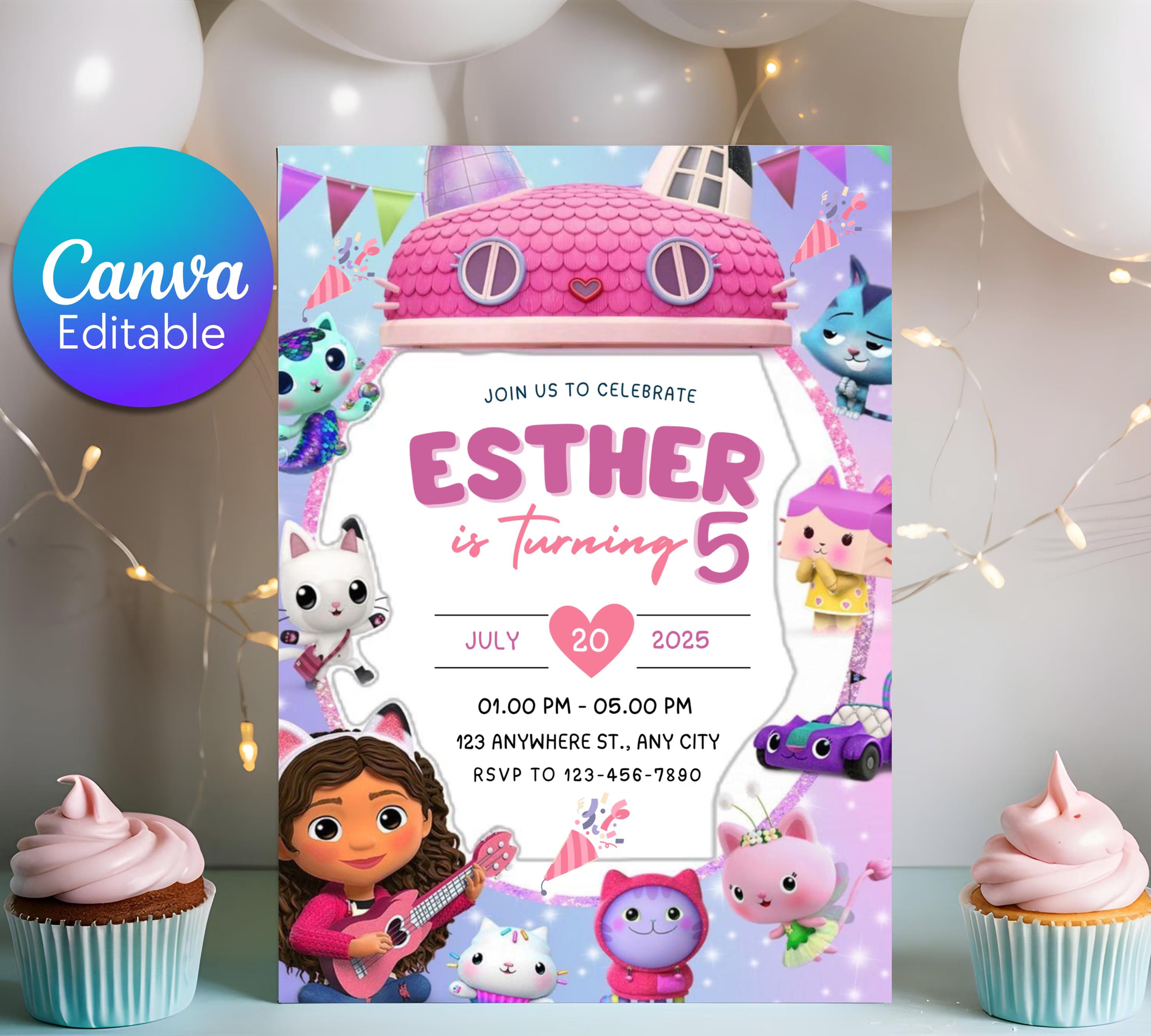 Editable Gabbys Dollhouse Birthday Invitation, Printable Kids Birthday Party Invitations, Digital Bday Party Invite, Gabby Invite Bday Card