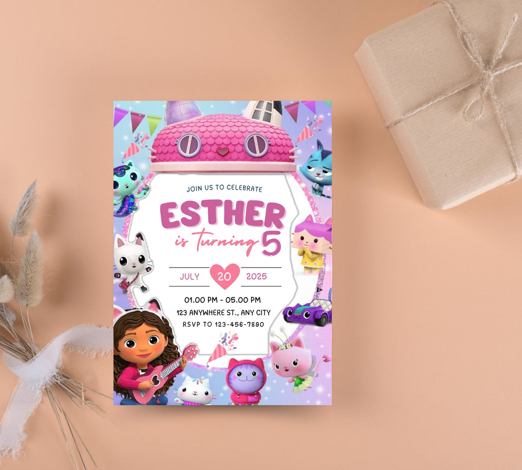 Editable Gabbys Dollhouse Birthday Invitation, Printable Kids Birthday Party Invitations, Digital Bday Party Invite, Gabby Invite Bday Card