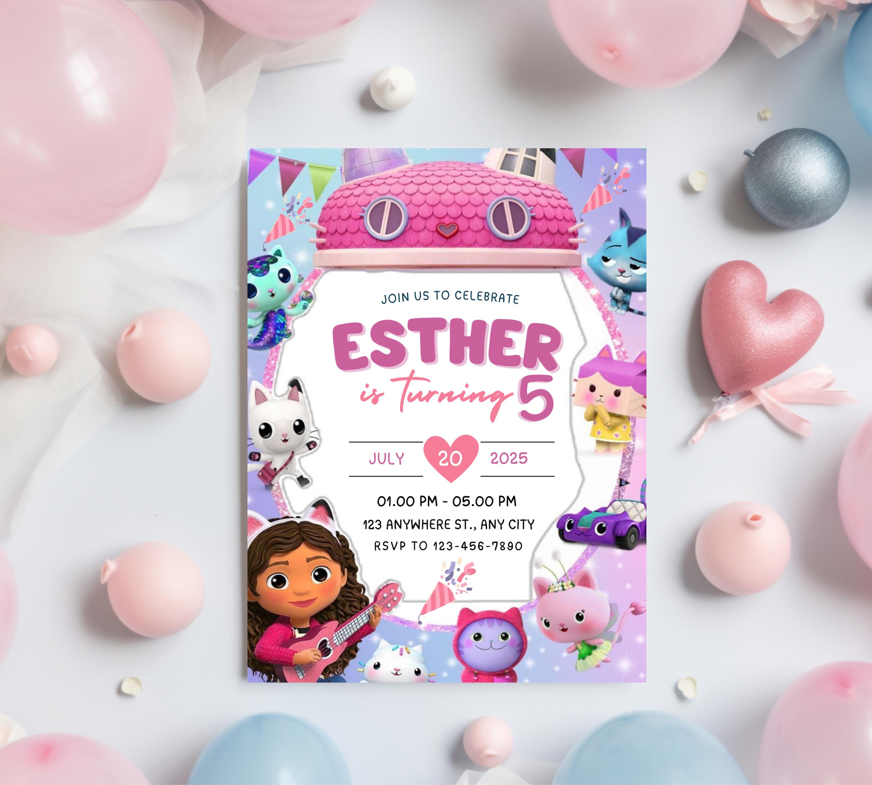 Editable Gabbys Dollhouse Birthday Invitation, Printable Kids Birthday Party Invitations, Digital Bday Party Invite, Gabby Invite Bday Card