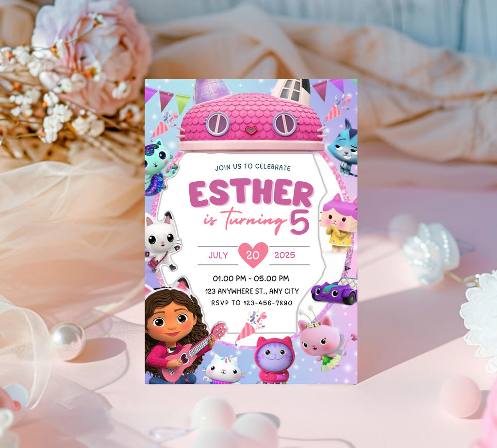Editable Gabbys Dollhouse Birthday Invitation, Printable Kids Birthday Party Invitations, Digital Bday Party Invite, Gabby Invite Bday Card