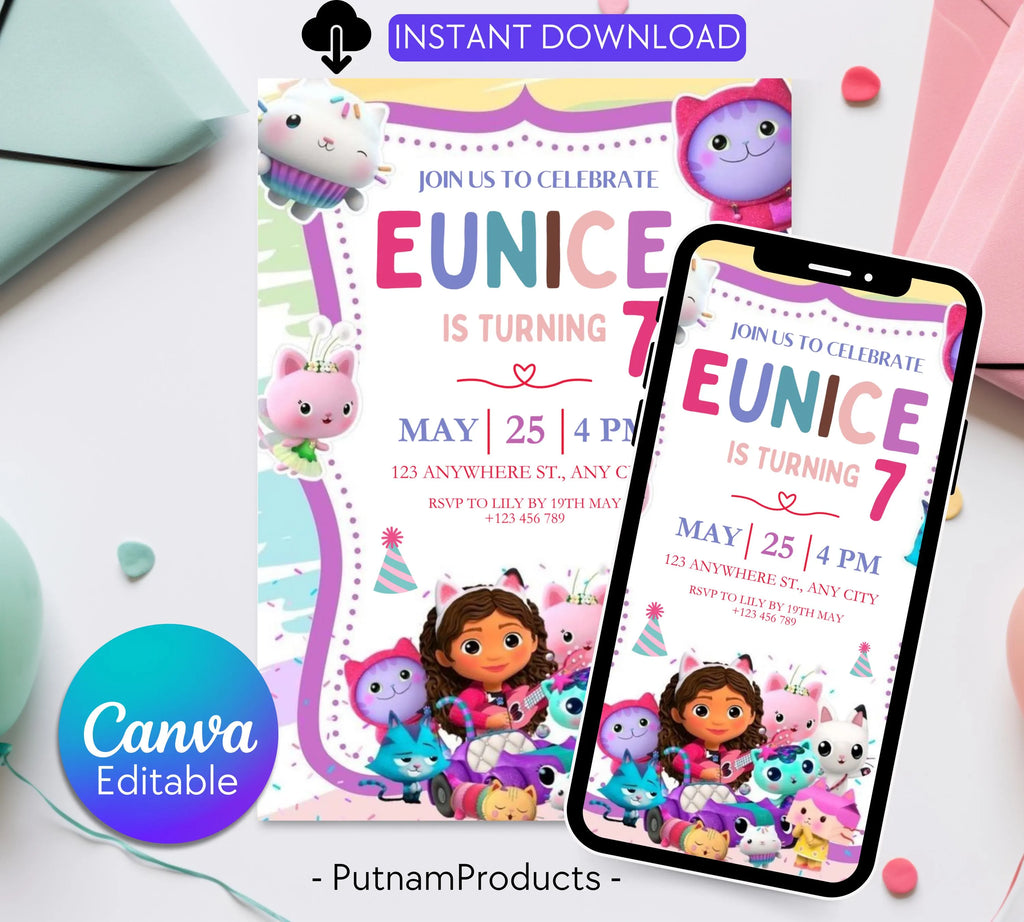Editable Gabby Dollhouse Birthday Invitation, Gabbys Dollhouse Kids Party Invite, Digital Gabby Dollhouse Birthday Invite, Gabby Template