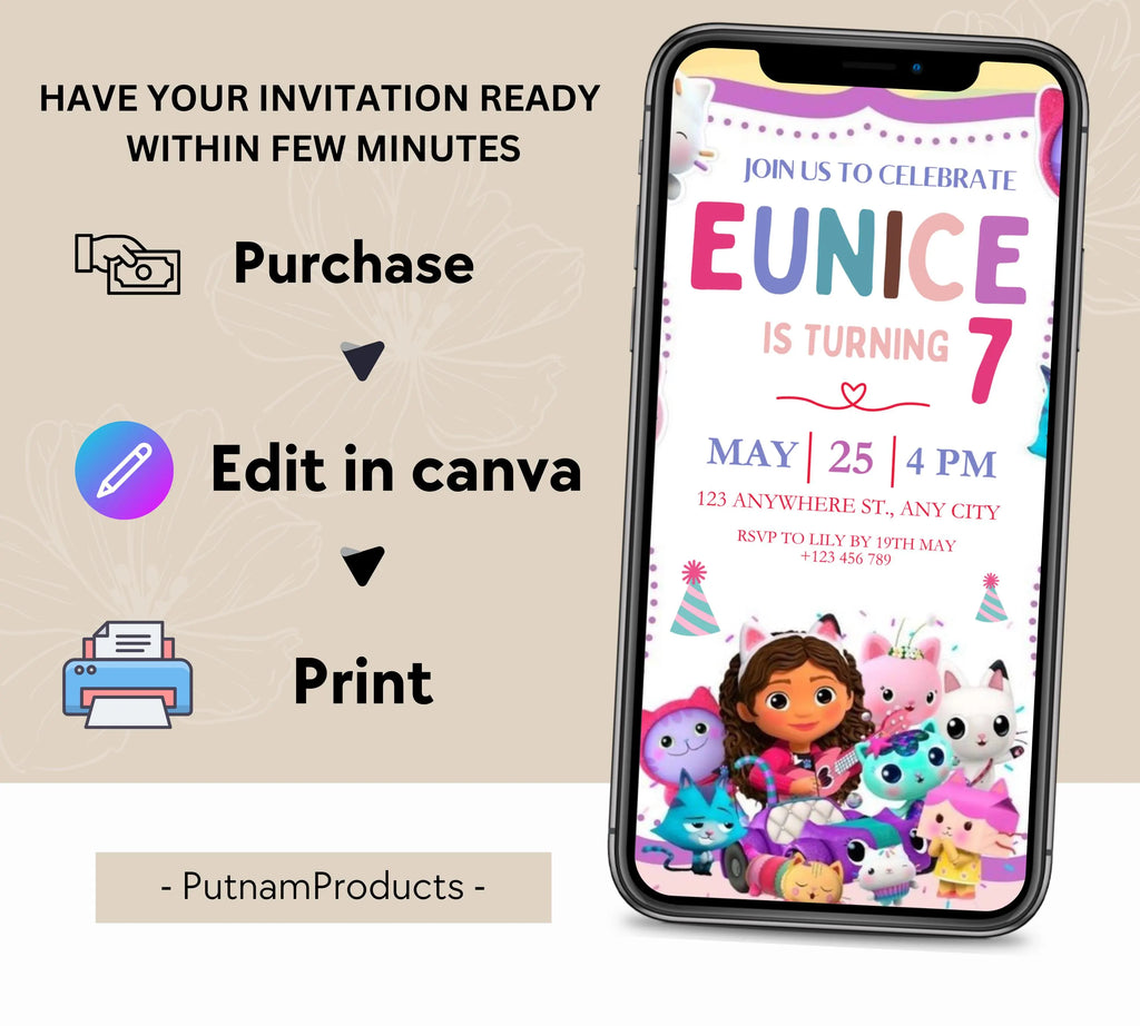 Editable Gabby Dollhouse Birthday Invitation, Gabbys Dollhouse Kids Party Invite, Digital Gabby Dollhouse Birthday Invite, Gabby Template