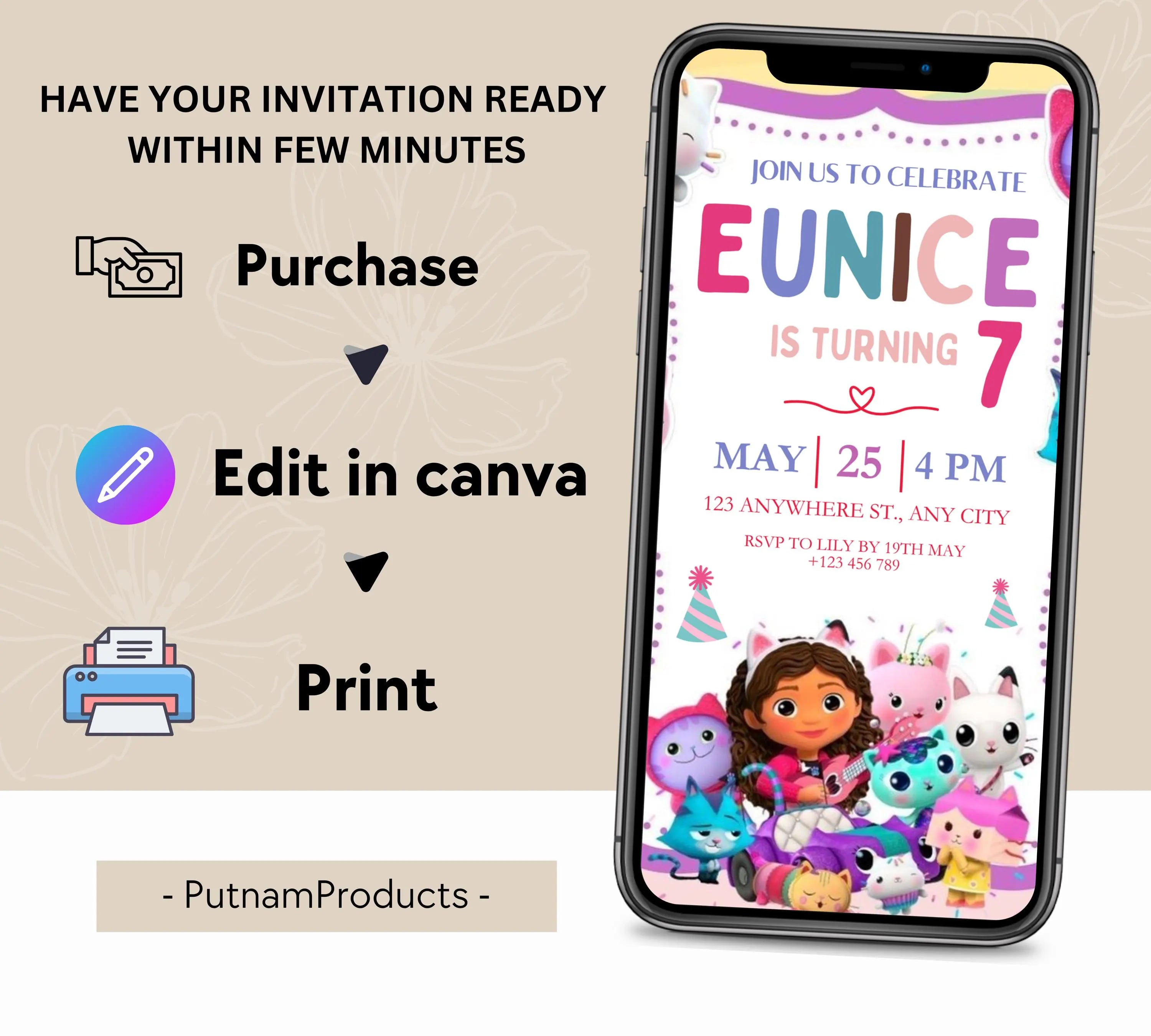 Editable Gabby Dollhouse Birthday Invitation, Gabbys Dollhouse Kids Party Invite, Digital Gabby Dollhouse Birthday Invite, Gabby Template