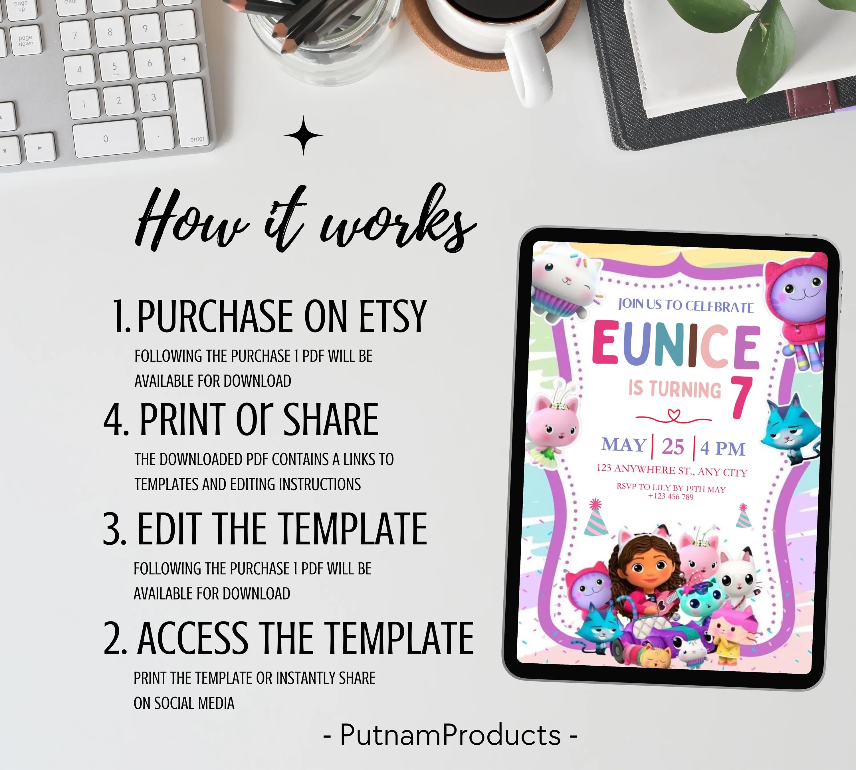 Editable Gabby Dollhouse Birthday Invitation, Gabbys Dollhouse Kids Party Invite, Digital Gabby Dollhouse Birthday Invite, Gabby Template