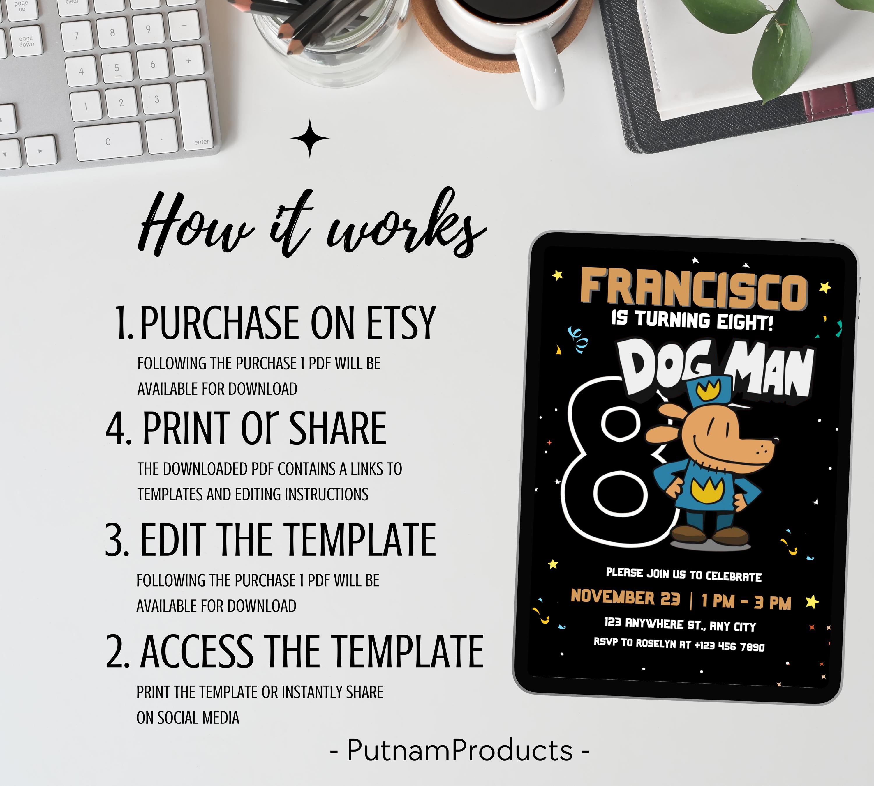 Editable Dog Man Birthday Invitation Template, Dog Man Birthday Invitation, DogMan Kids Birthday Movie invite, Canva Instant Download