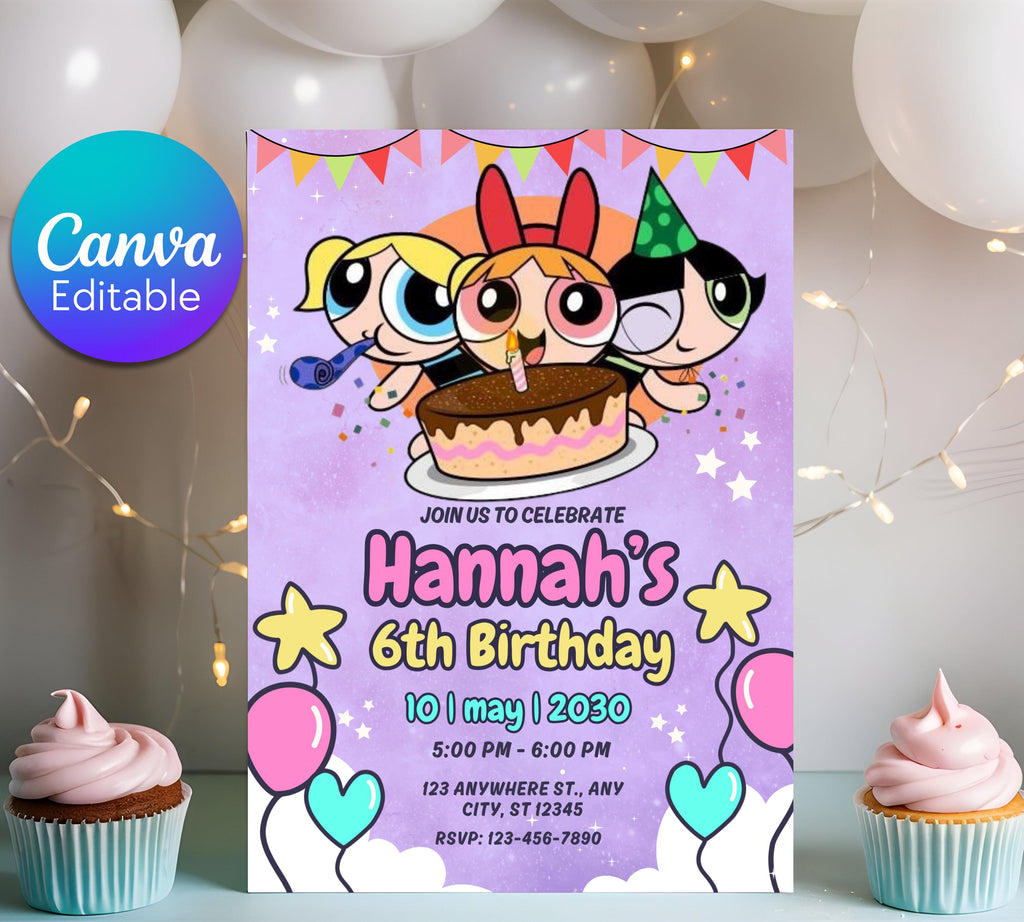Girl Birthday Invitation, PowerPuff Girls birthday invitation, PowerPuff Girl birthday invitation, Girl Birthday Party, Instant Download