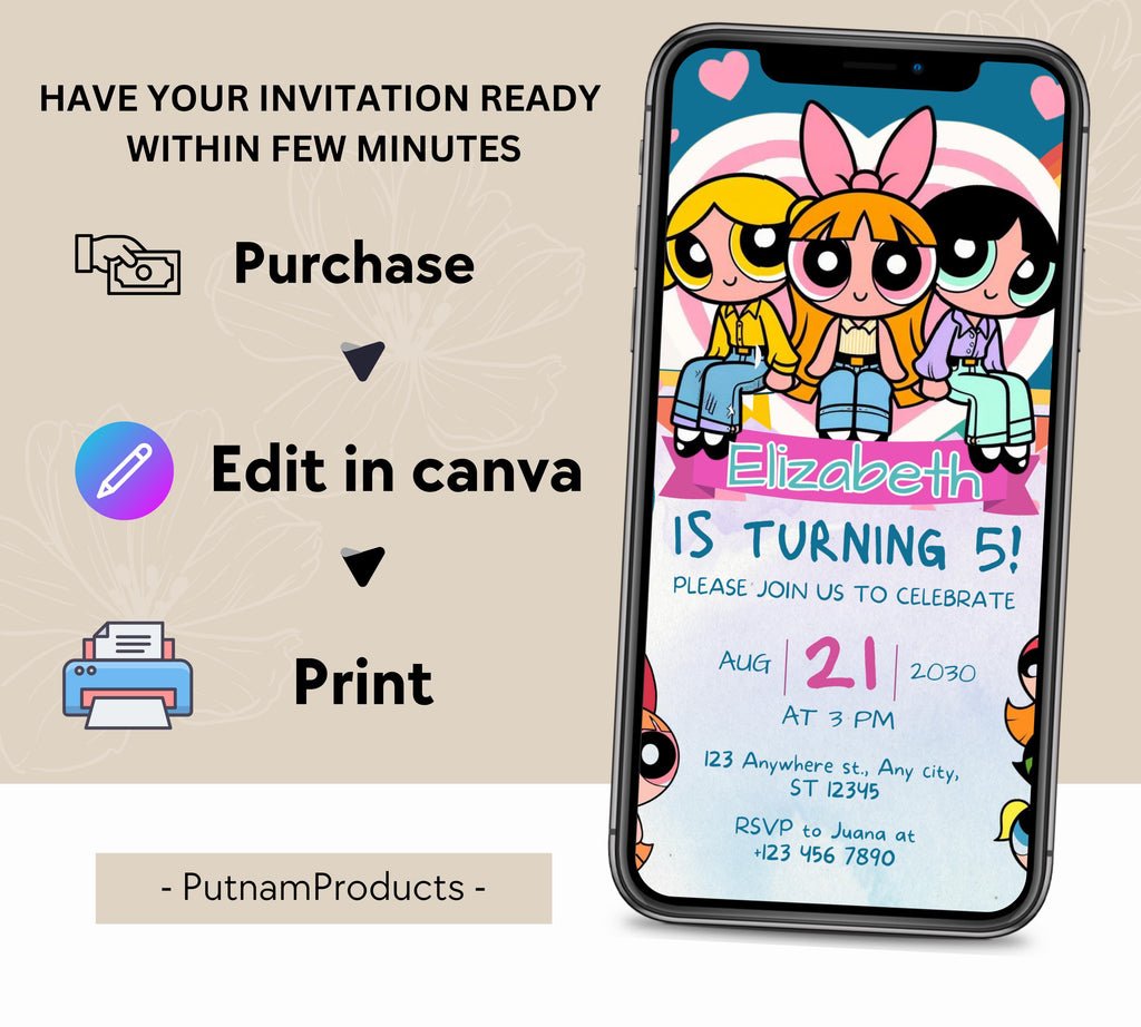 Editable Girl Birthday Invitation, PowerPuff birthday invitation, PowerPuff Girl birthday invitation, Girl Birthday Party, Instant Download